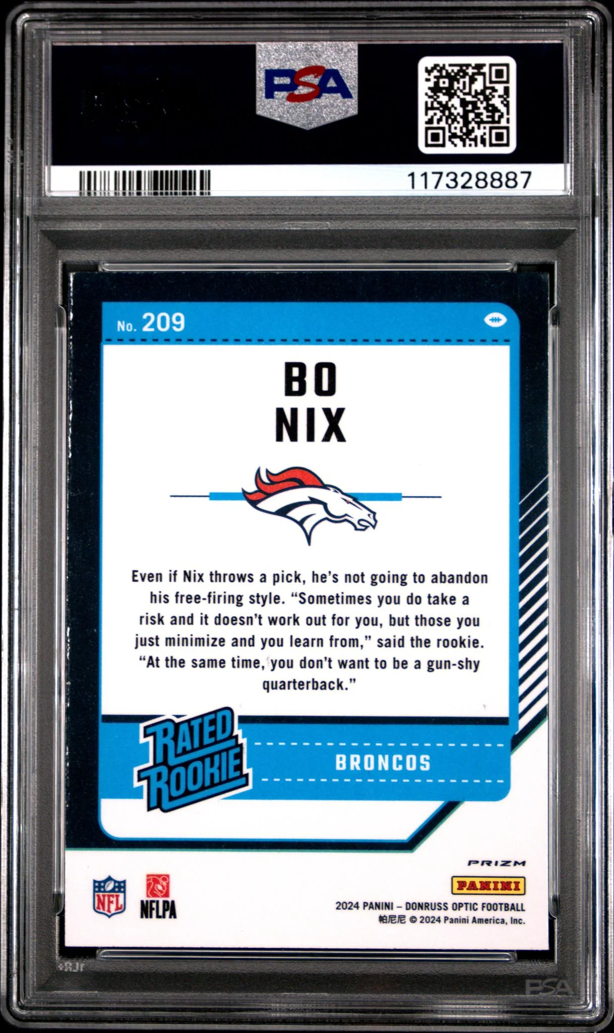 2024 Donruss Optic Rated Rookie Purple Shock Bo Nix #209 PSA 9 - Image 2