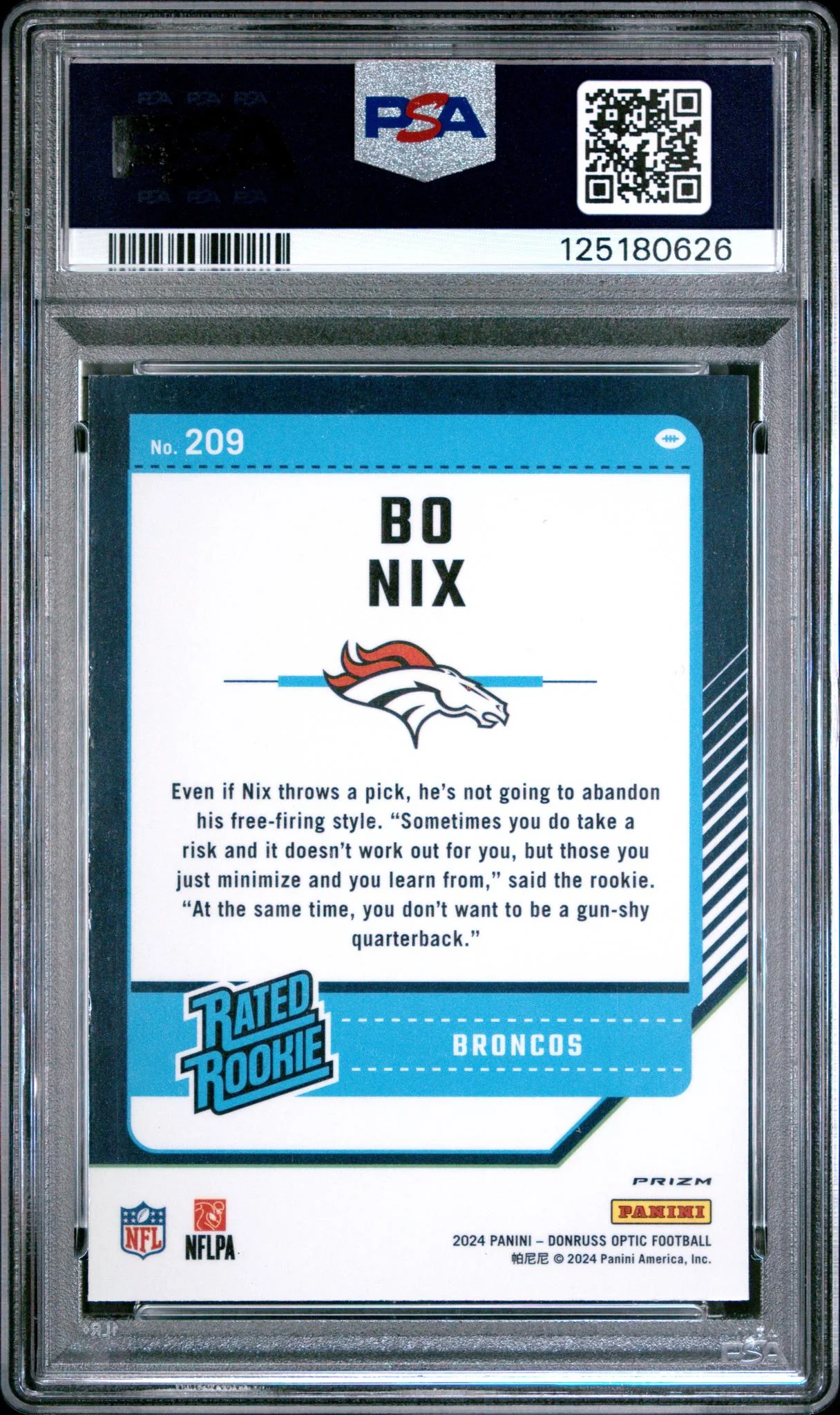 2024 Donruss Optic Rated Rookie Purple Shock Bo Nix #209 PSA 9 - Image 2