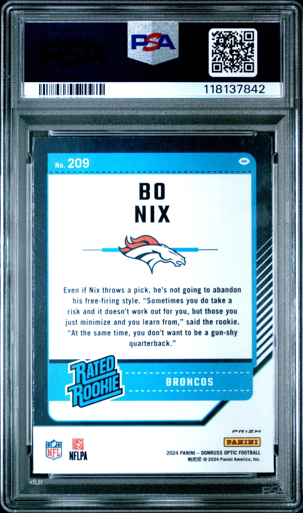 2024 Donruss Optic Rated Rookie Purple Shock Bo Nix #209 PSA 9 - Image 2