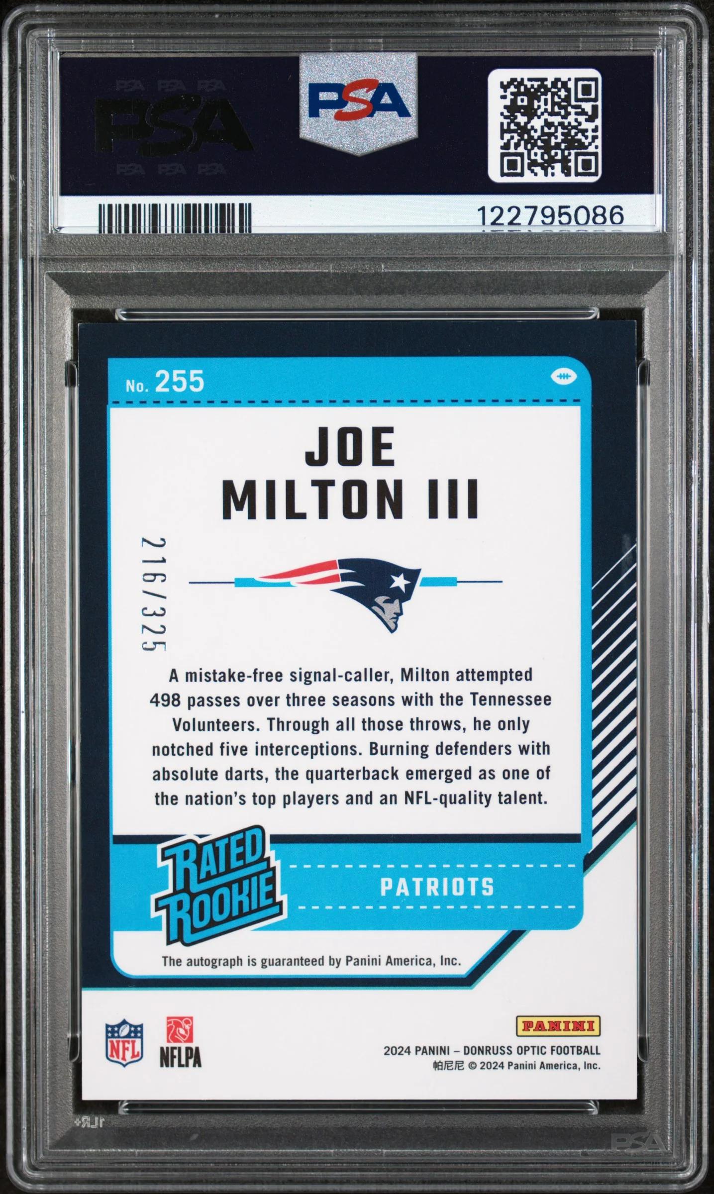 2024 Donruss Optic Rated Rookies Rps Autographs Joe Milton III #255 /325 PSA 8 - Image 2