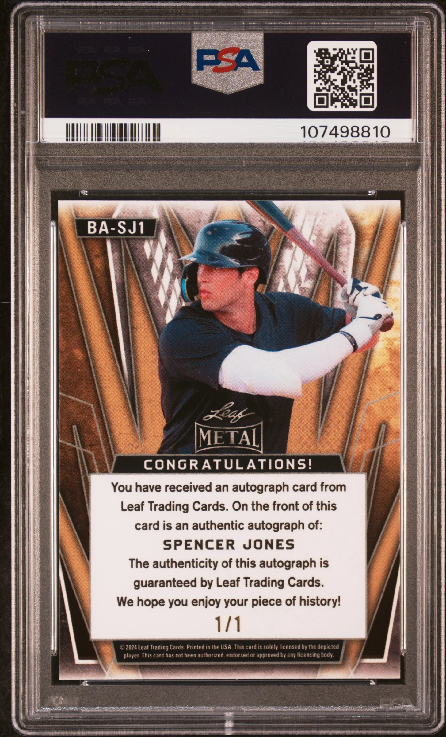 2024 Leaf Metal Autographs Fire 1/1 Spencer Jones #BASJ1 PSA 10 - Image 2
