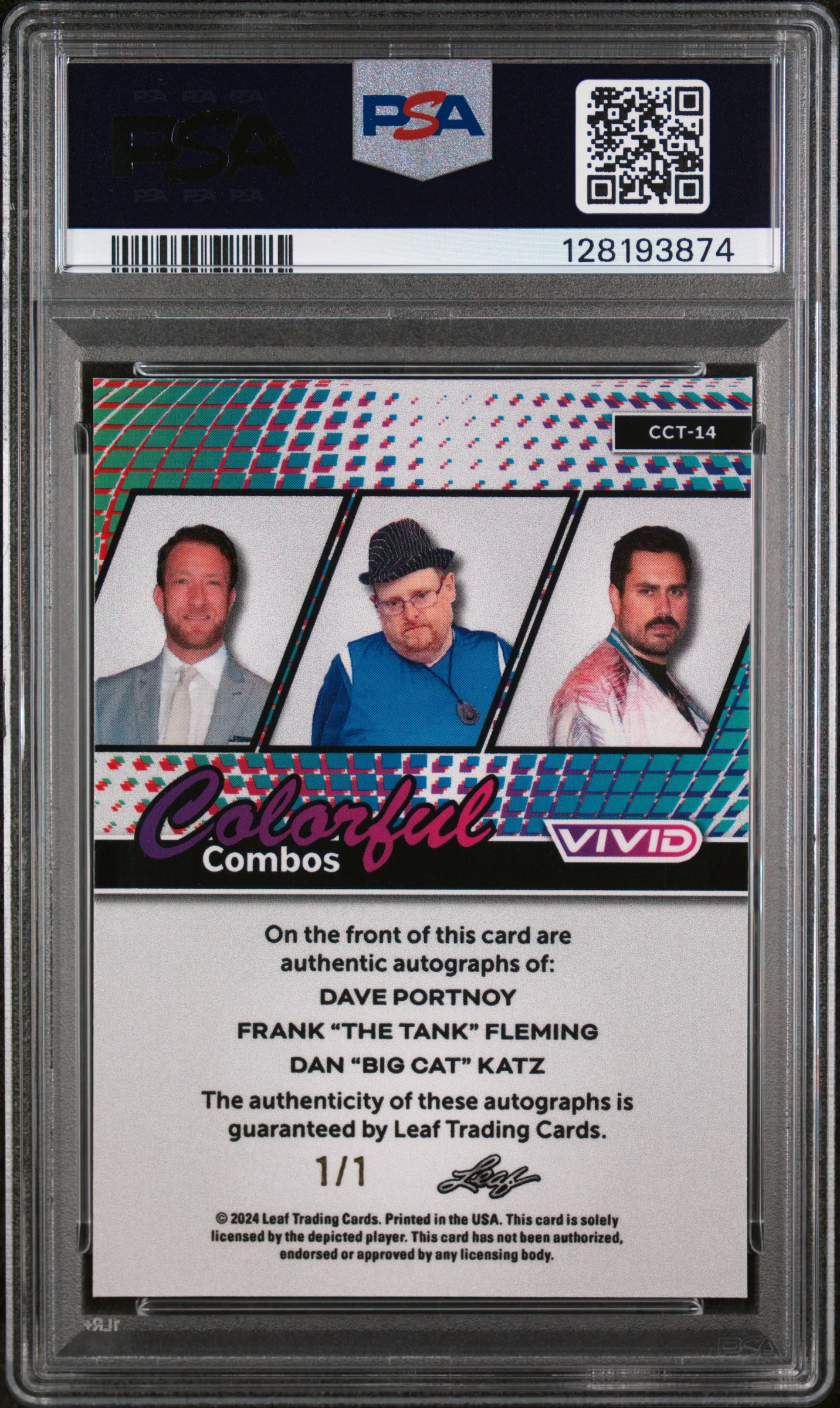 2024 Leaf Vivid Colorful Combos Trio Autographs Teal Laser 1/1 Dan Katz/Dave Portnoy/Frank "The Tank" Fleming #CCT14 PSA 9 - Image 2