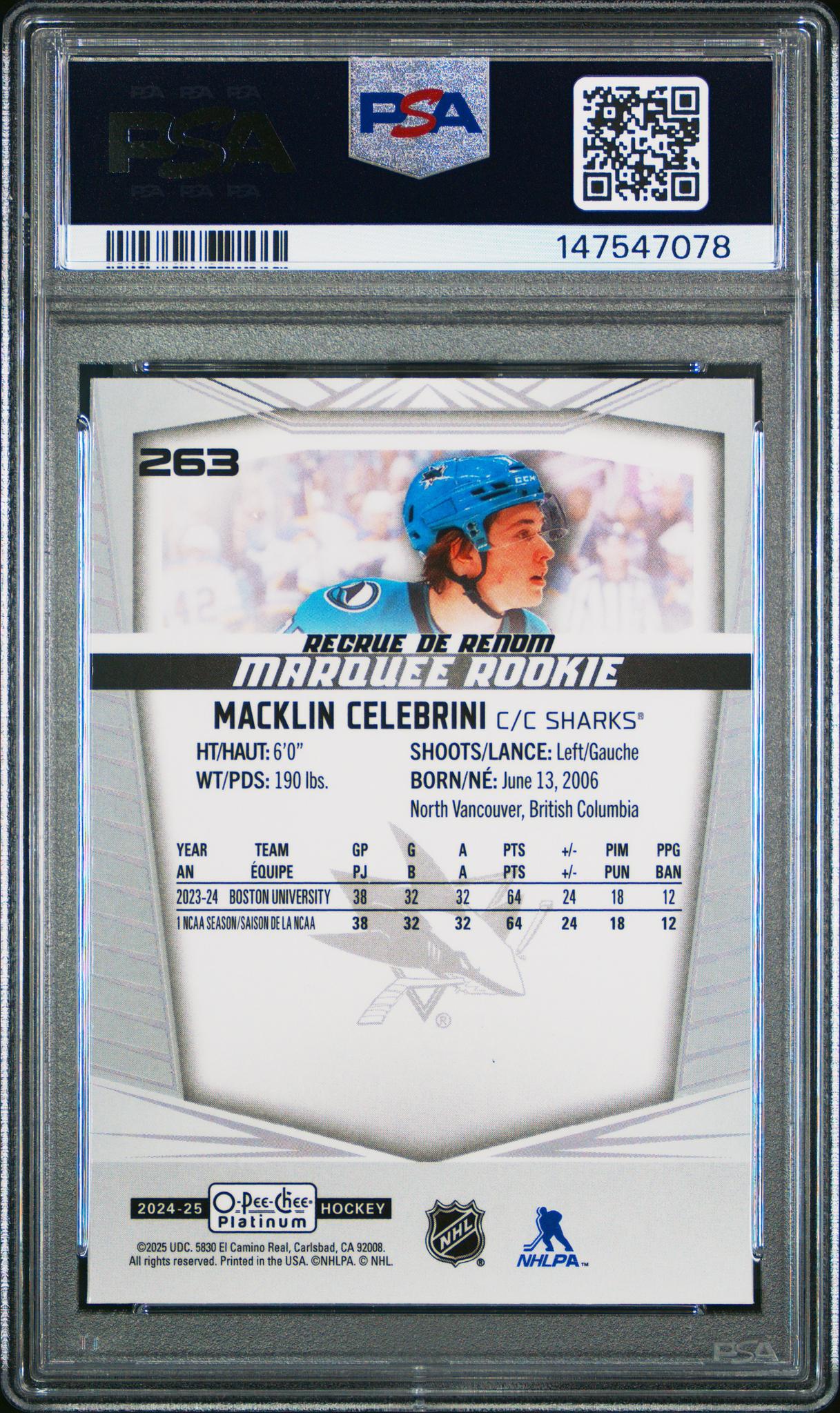 2024 O-Pee-Chee Platinum Macklin Celebrini #263 PSA 8 - Image 2