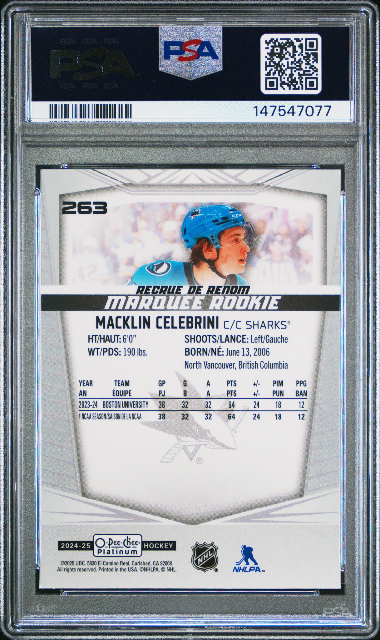 2024 O-Pee-Chee Platinum Macklin Celebrini #263 PSA 8 - Image 2