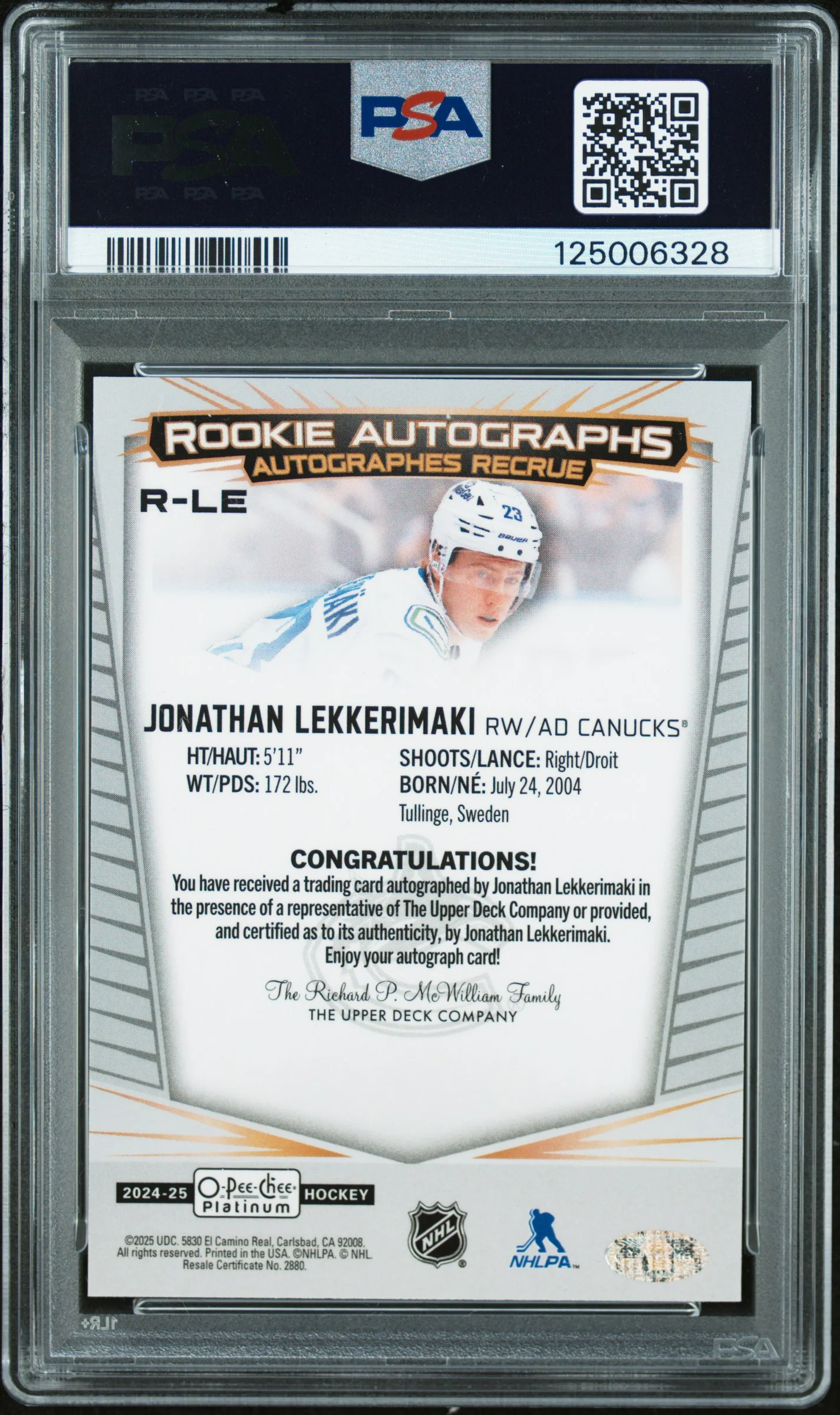 2024 O-Pee-Chee Platinum Rookie Autographs Jonathan Lekkerimaki #R-LE Auto PSA 9 - Image 2