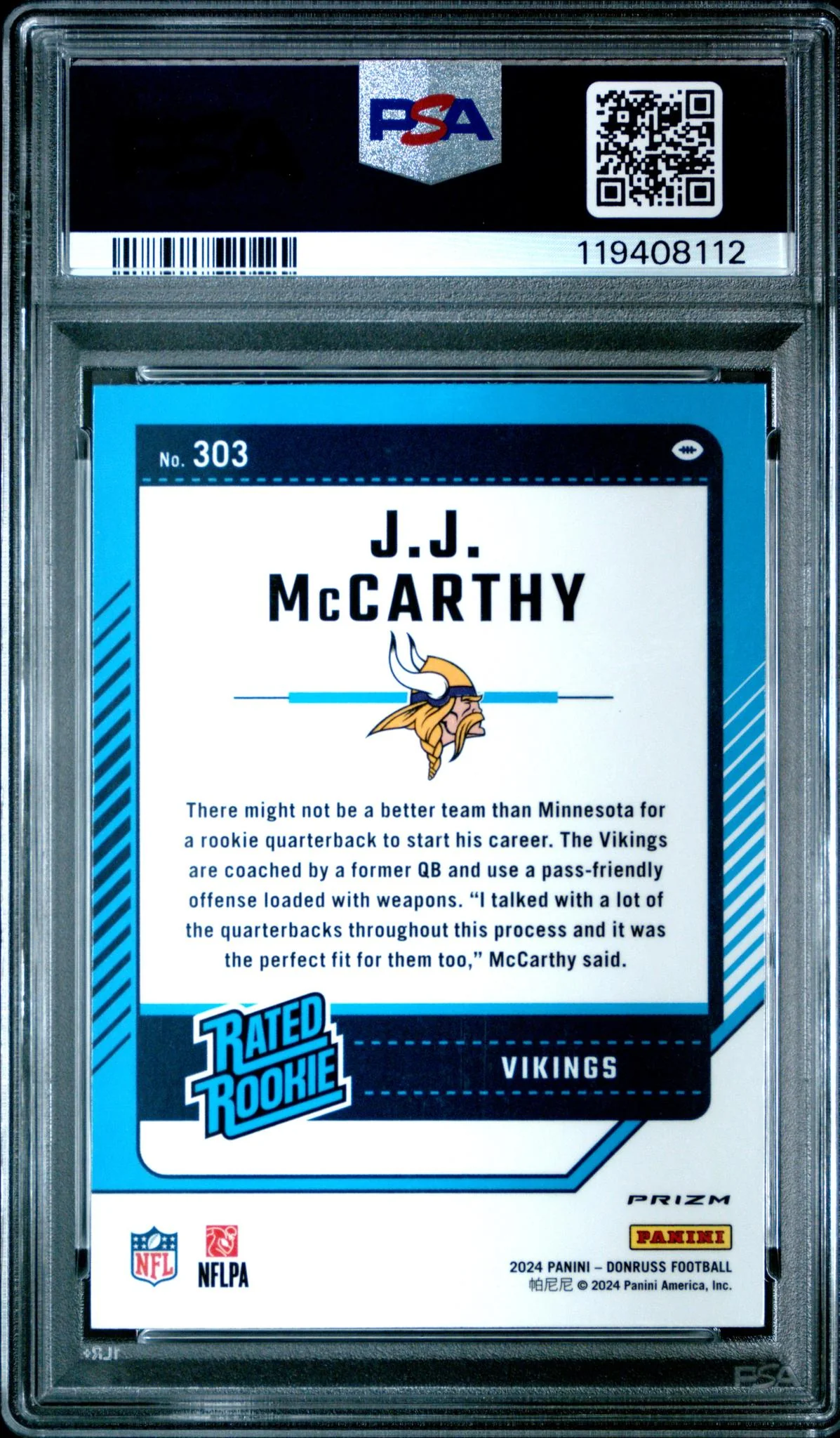 2024 Optic Rated Rookies Preview Blue Scope JJ Mccarthy #303 PSA 9 - Image 2