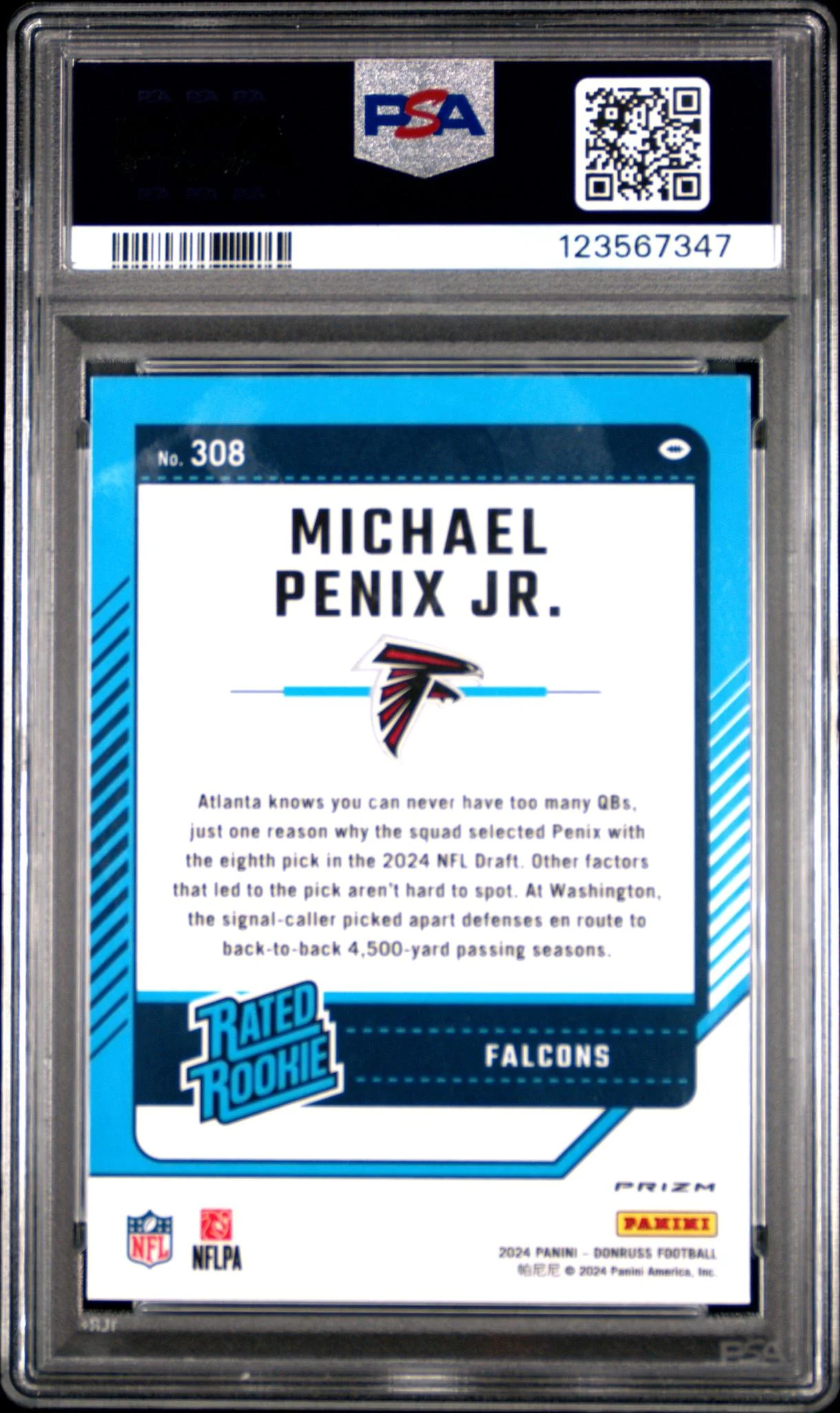2024 Optic Rated Rookies Preview Red and Green Michael Penix Jr. #308 PSA 10 - Image 2
