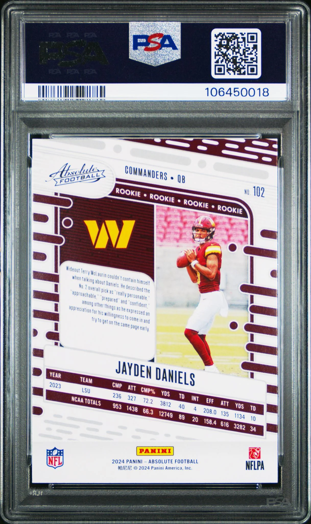 2024 Panini Absolute Green Jayden Daniels #102 PSA 10 106450018 - Image 2