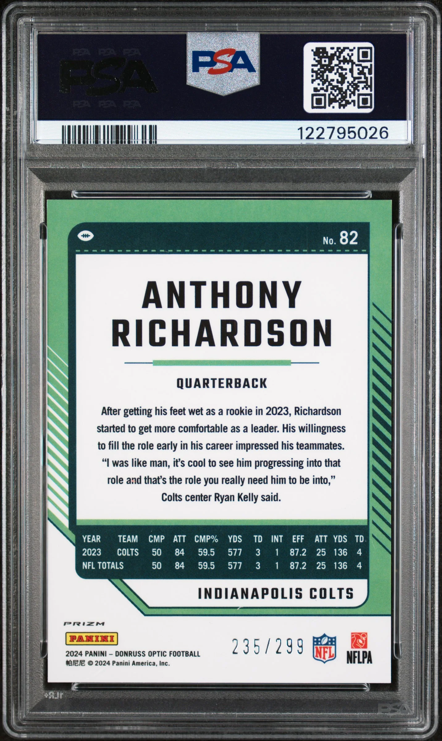 2024 Panini Donruss Optic Aqua Anthony Richardson #82 /299 PSA 9 - Image 2