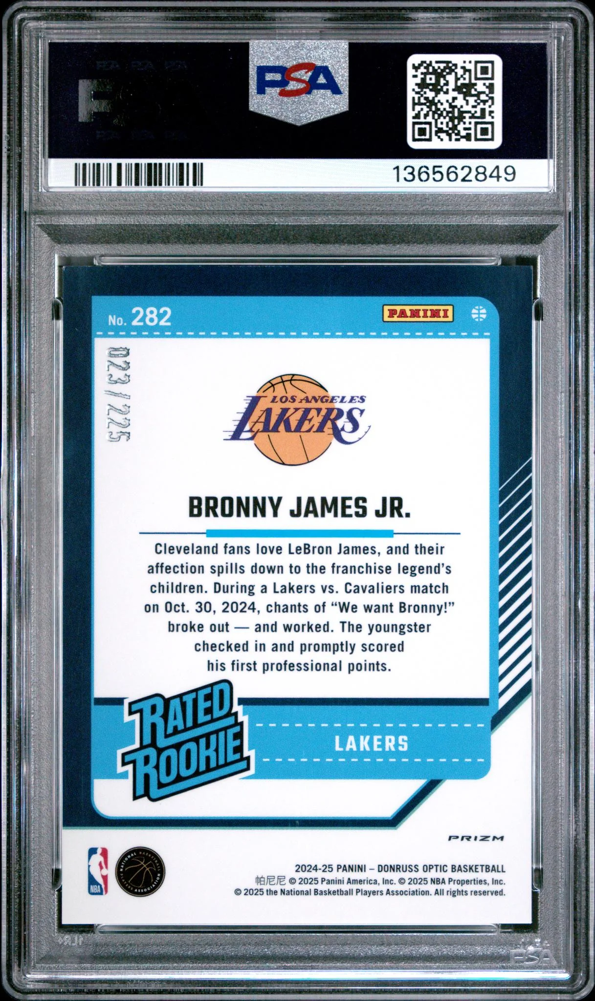 2024 Panini Donruss Optic Aqua Bronny James Jr. #282 /225 PSA 9 - Image 2