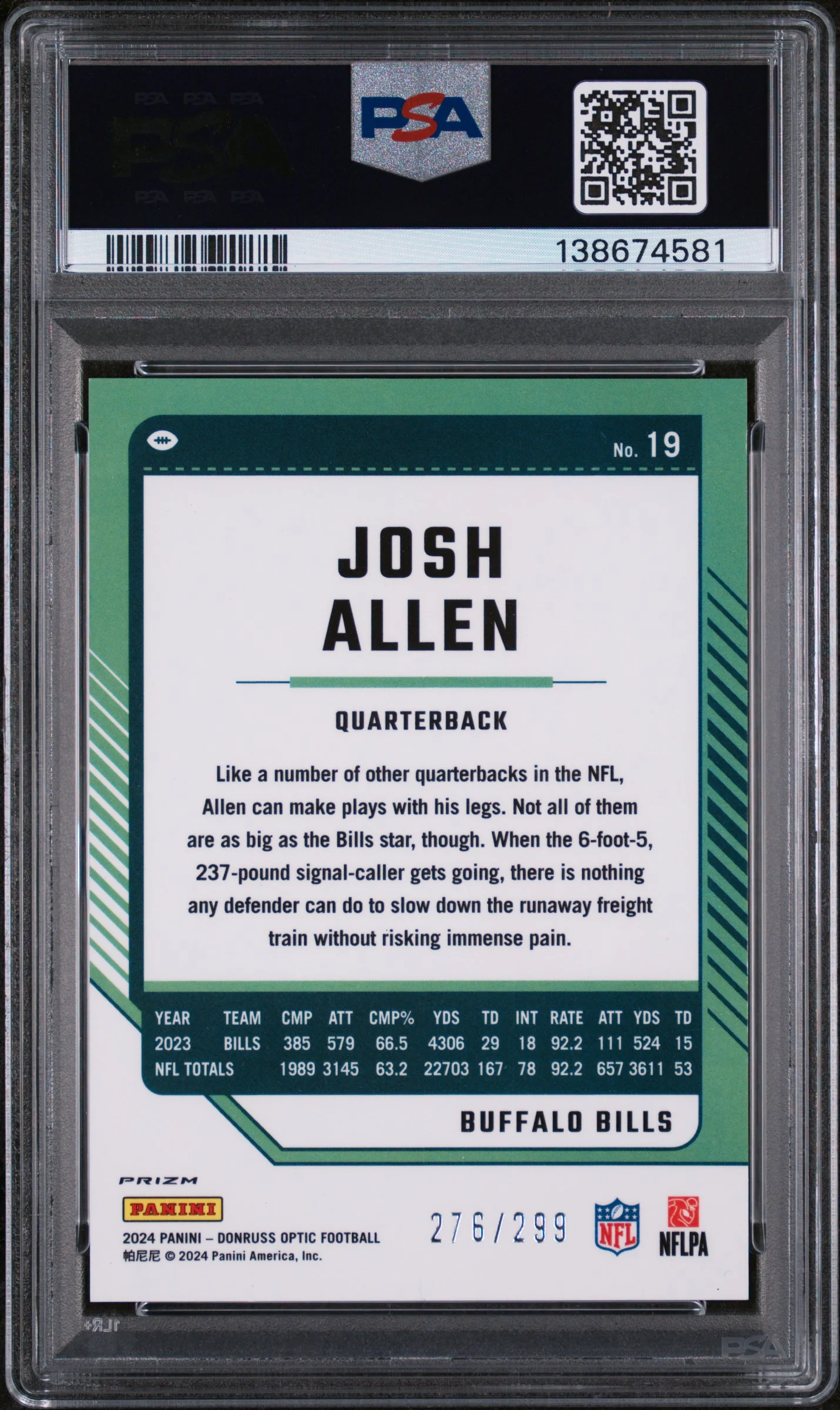 2024 Panini Donruss Optic Aqua Josh Allen #19 /299 PSA 9 - Image 2