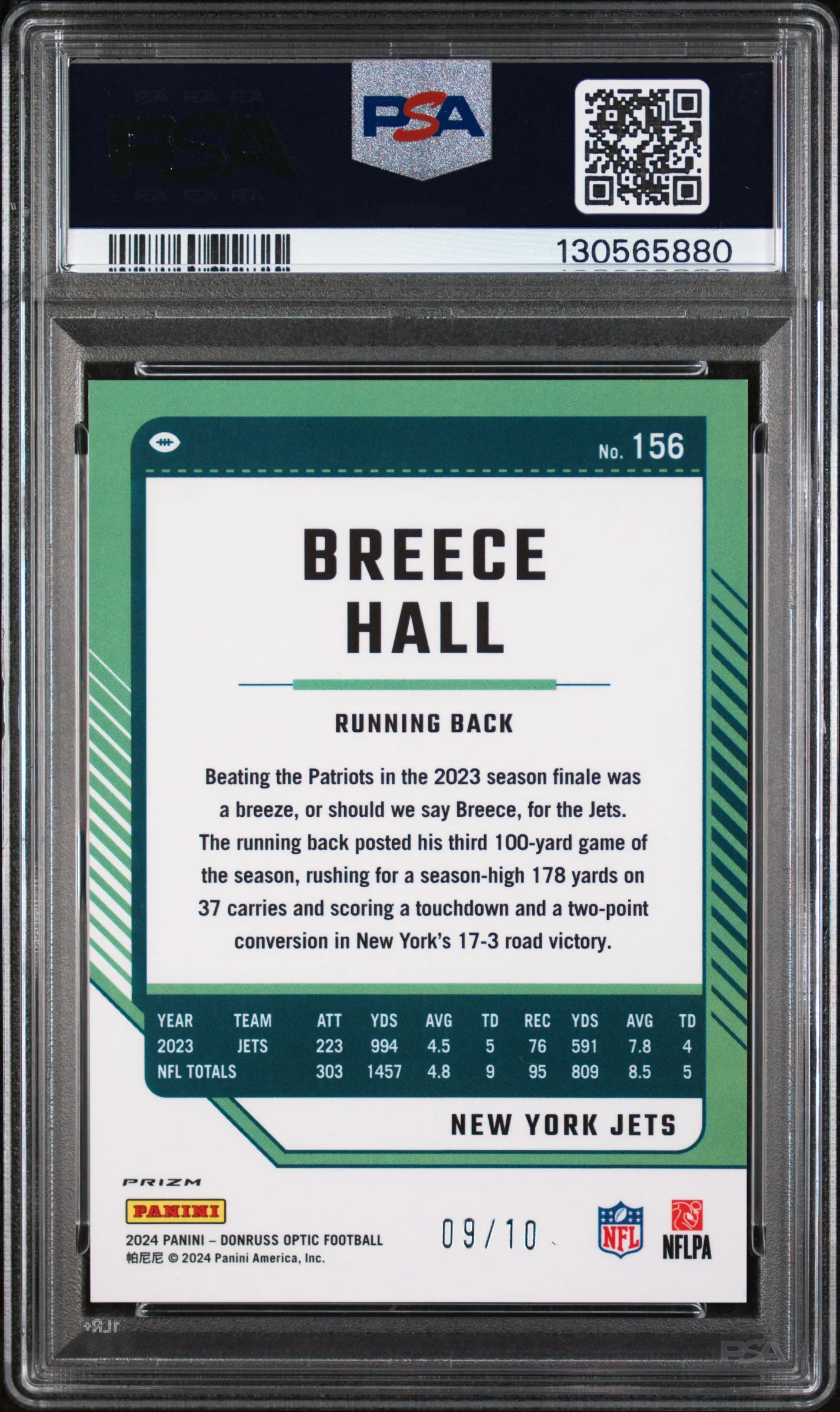 2024 Panini Donruss Optic Gold Breece Hall #156 /10 PSA 9 - Image 2