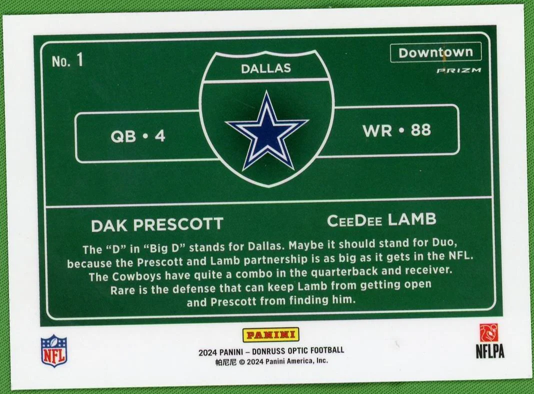 2024 Panini Donruss Optic No. 1 Dak Prescott CeeDee Lamb Downtown Prizm VG Dallas Cowboys - Image 2