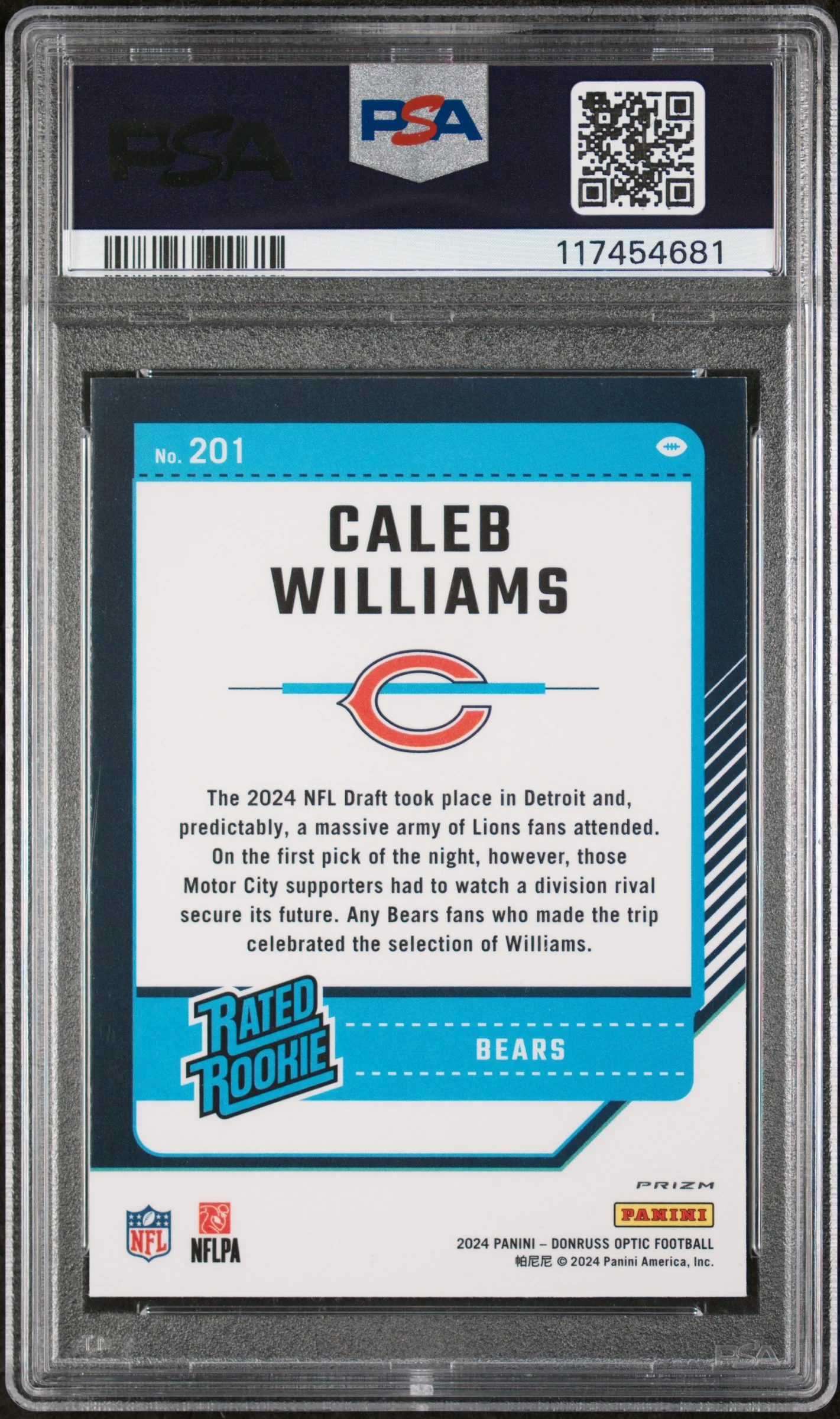2024 Panini Donruss Optic Teal Velocity Caleb Williams #201 RC PSA 8 - Image 2