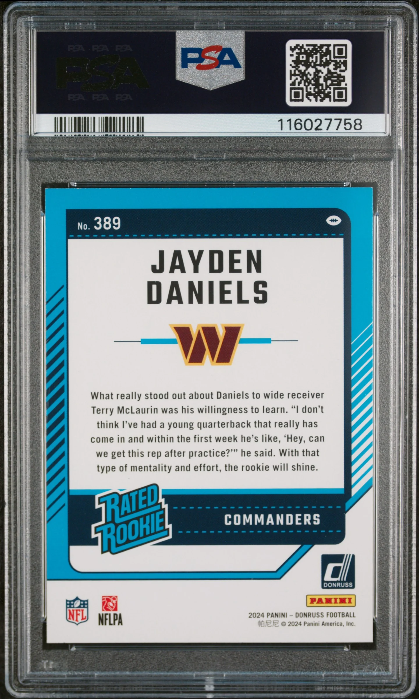 2024 Panini Donruss Rated Rookie Jayden Daniels #389 RC PSA 9 - Image 2