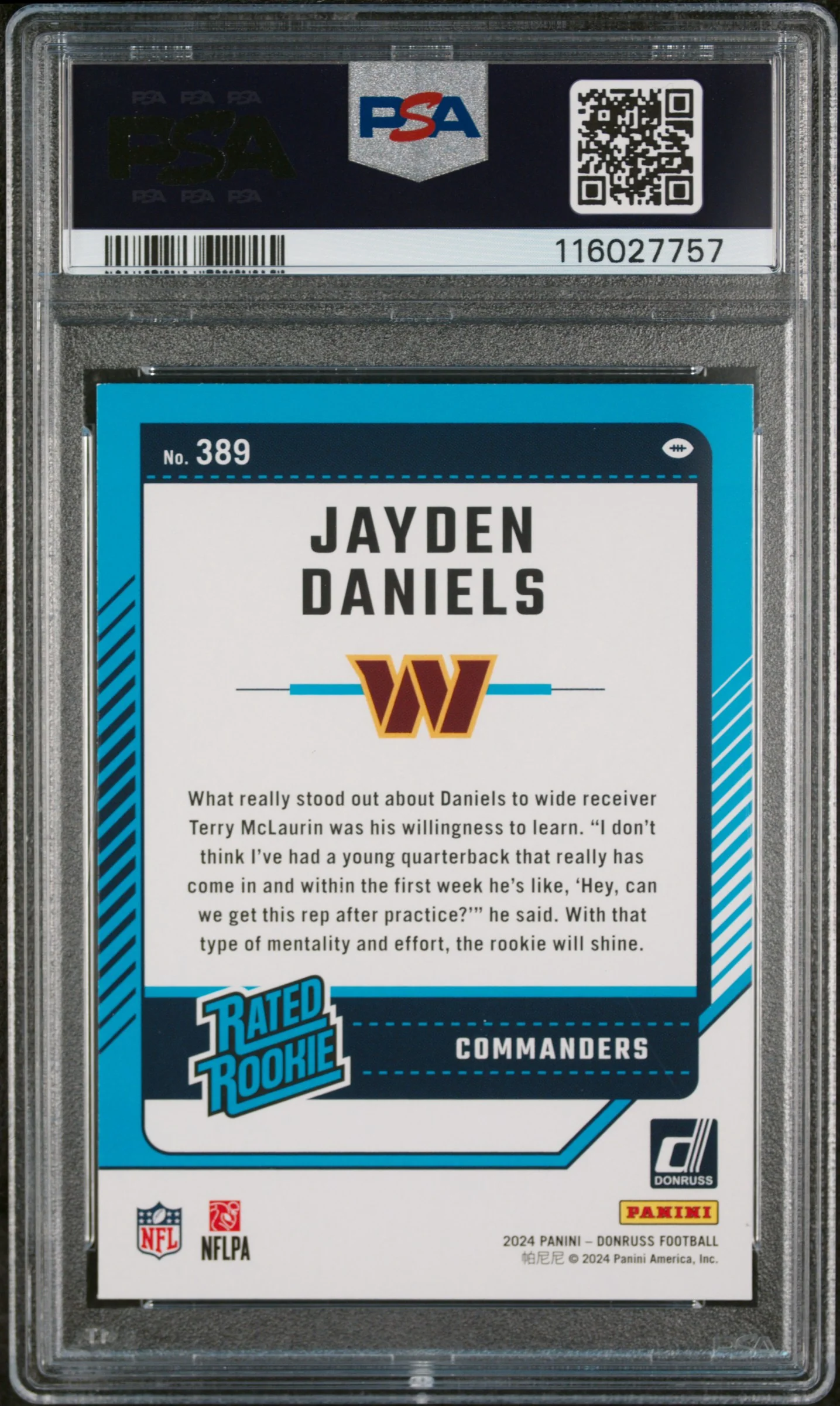 2024 Panini Donruss Rated Rookie Jayden Daniels #389 RC PSA 9 - Image 2