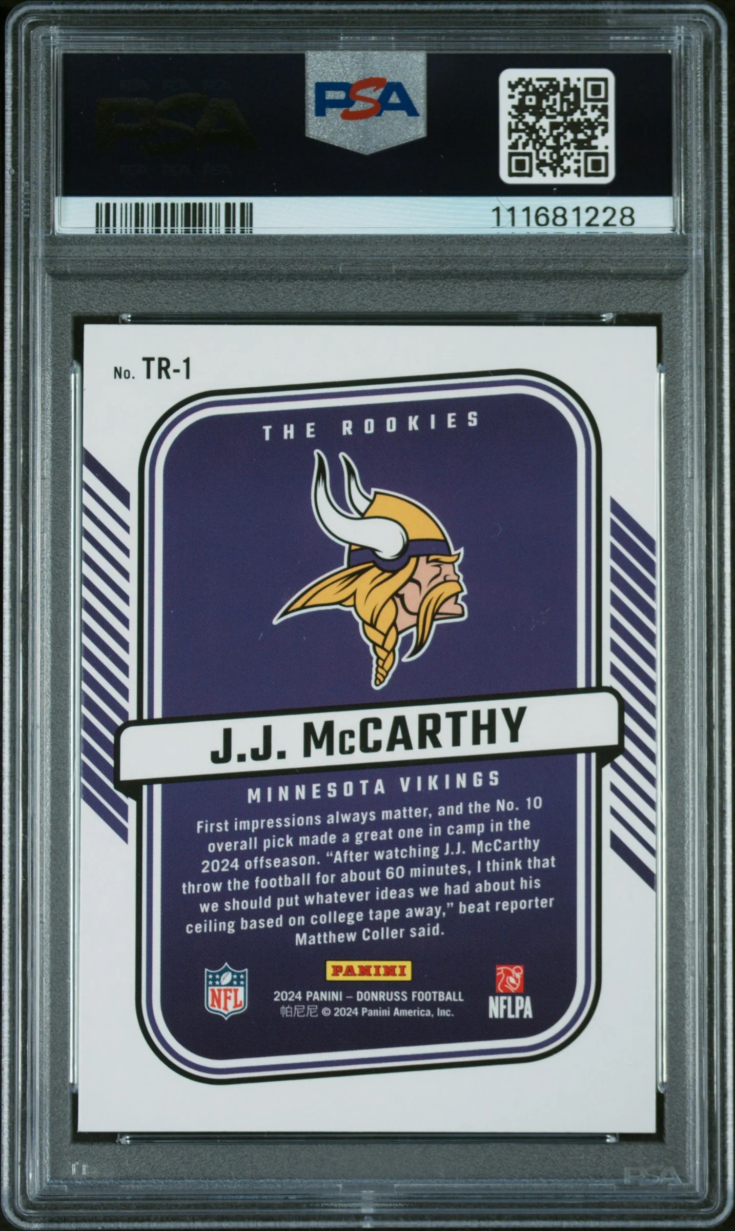 2024 Panini Donruss the Rookies JJ Mccarthy #TR1 PSA 10 - Image 2