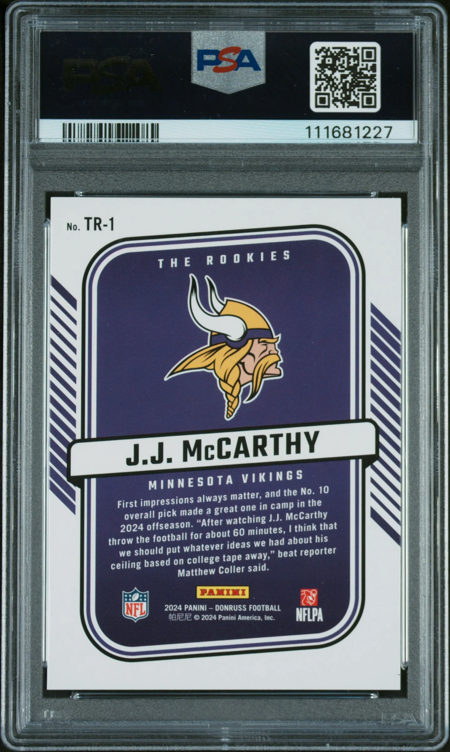2024 Panini Donruss #TR1 JJ Mccarthy the Rookies PSA 9 - Image 2