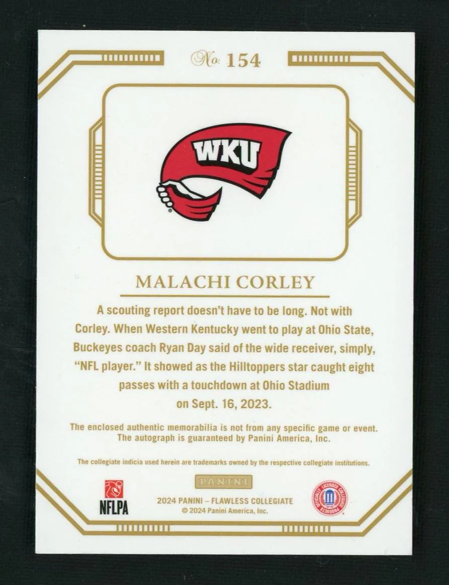 2024 Panini Flawless Collegiate 154 Malachi Corley Flawless Rookie Western Kentucky University Auto - Image 2