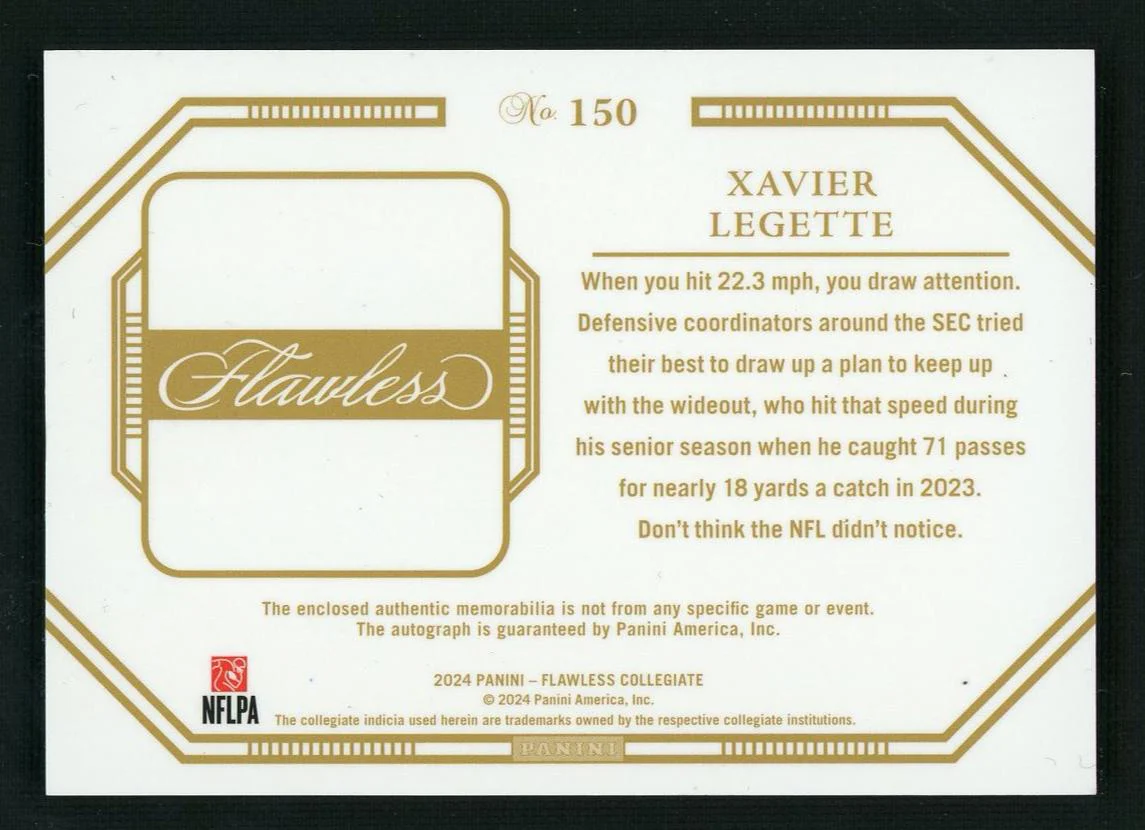 2024 Panini Flawless Collegiate Xavier Legette #150 RC Rookie Patch Auto /25 - Image 2