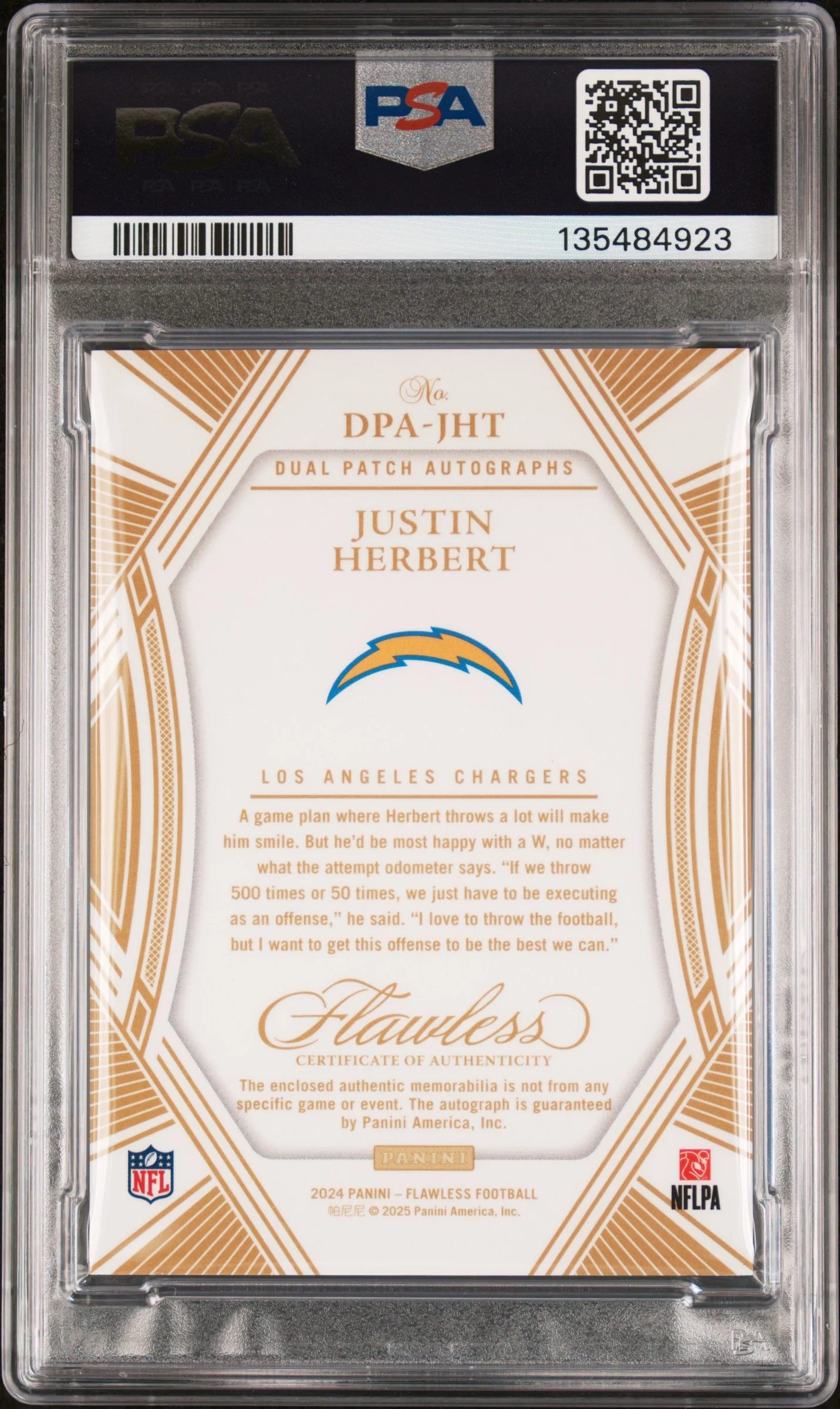 2024 Panini Flawless Dual Patch Autograph Sapphire Justin Herbert #DPA-JHT /10 PSA 8 - Image 2