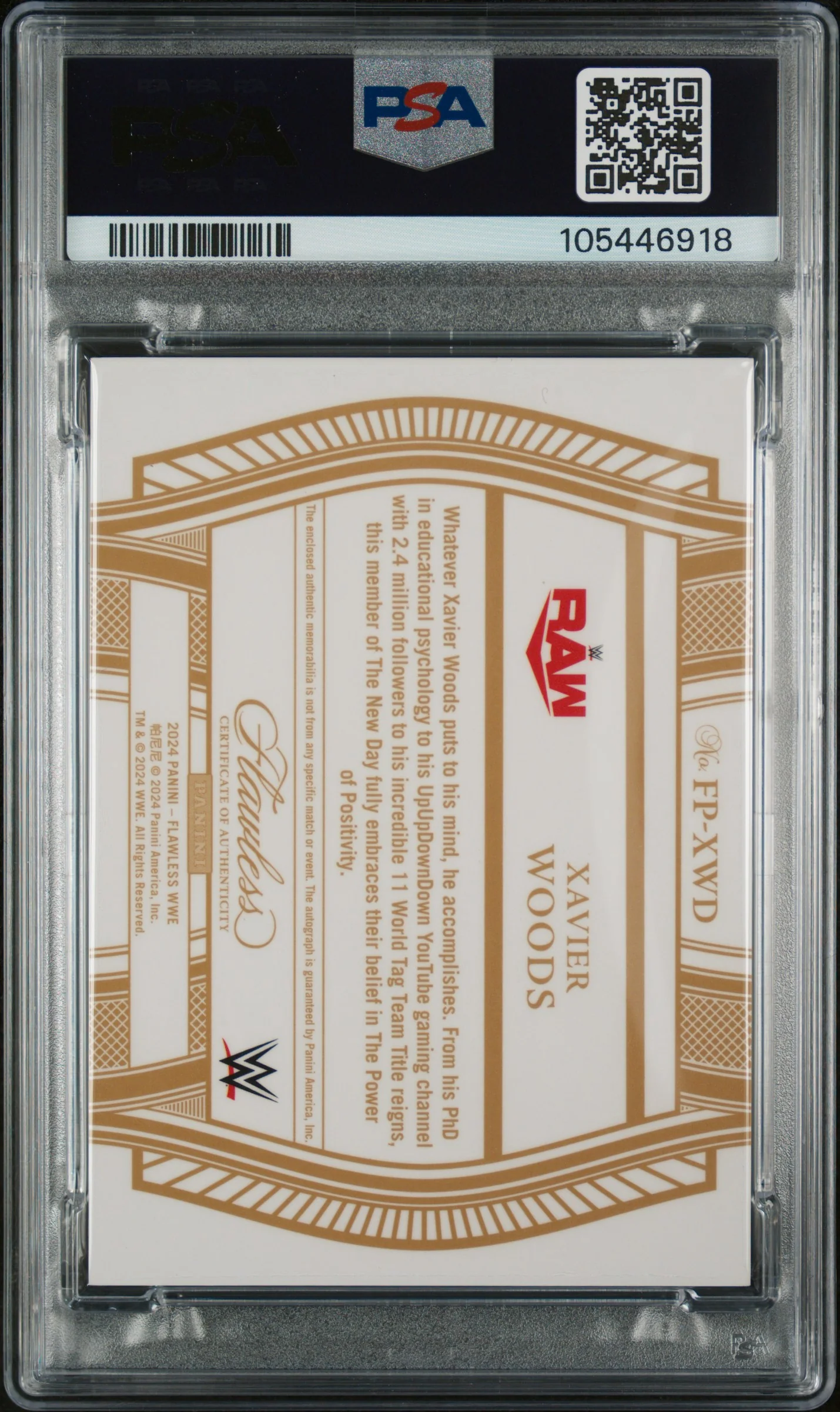 2024 Panini Flawless Gold Xavier Woods #FPXWD Patch Auto 1/1 PSA 9 - Image 2