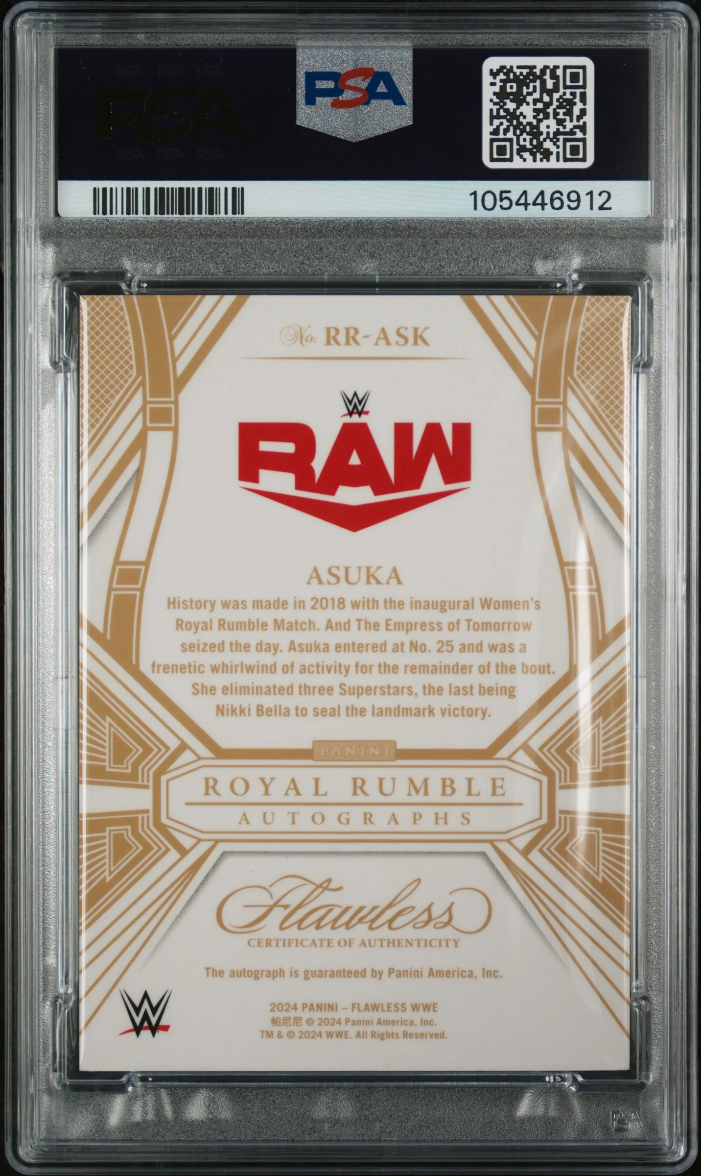 2024 Panini Flawless Royal Rumble Gold Asuka #RR-ASK Auto /10 PSA 8 - Image 2
