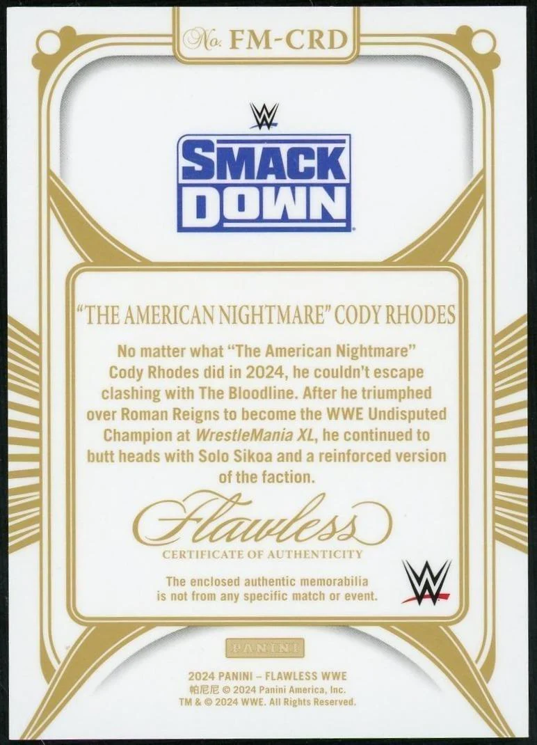 2024 Panini Flawless WWE "the American Nightmare" Cody Rhodes Emerald /3 - Image 2