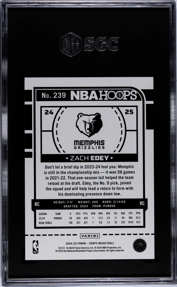 2024 Panini Hoops Zach Edey #239 RC SGC 9.5 - Image 2