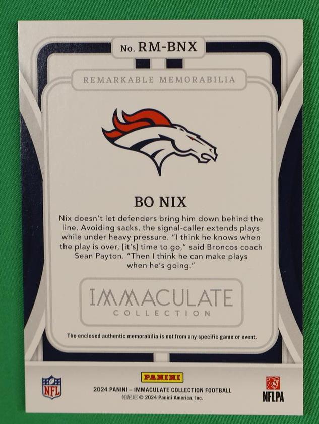 2024 Panini Immaculate RM-BNX Bo Nix Remarkable Memorabilia Rookie /5 Broncos - Image 2