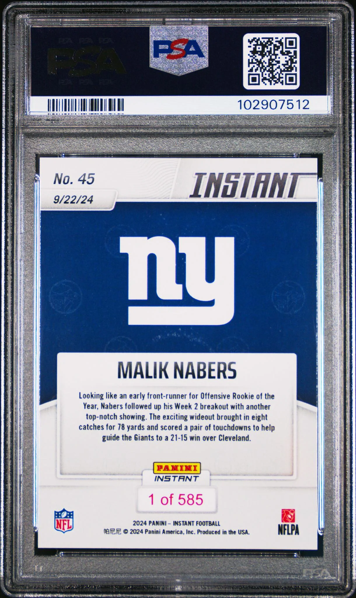 2024 Panini Instant NFL Malik Nabers #45 /1 PSA 10 - Image 2