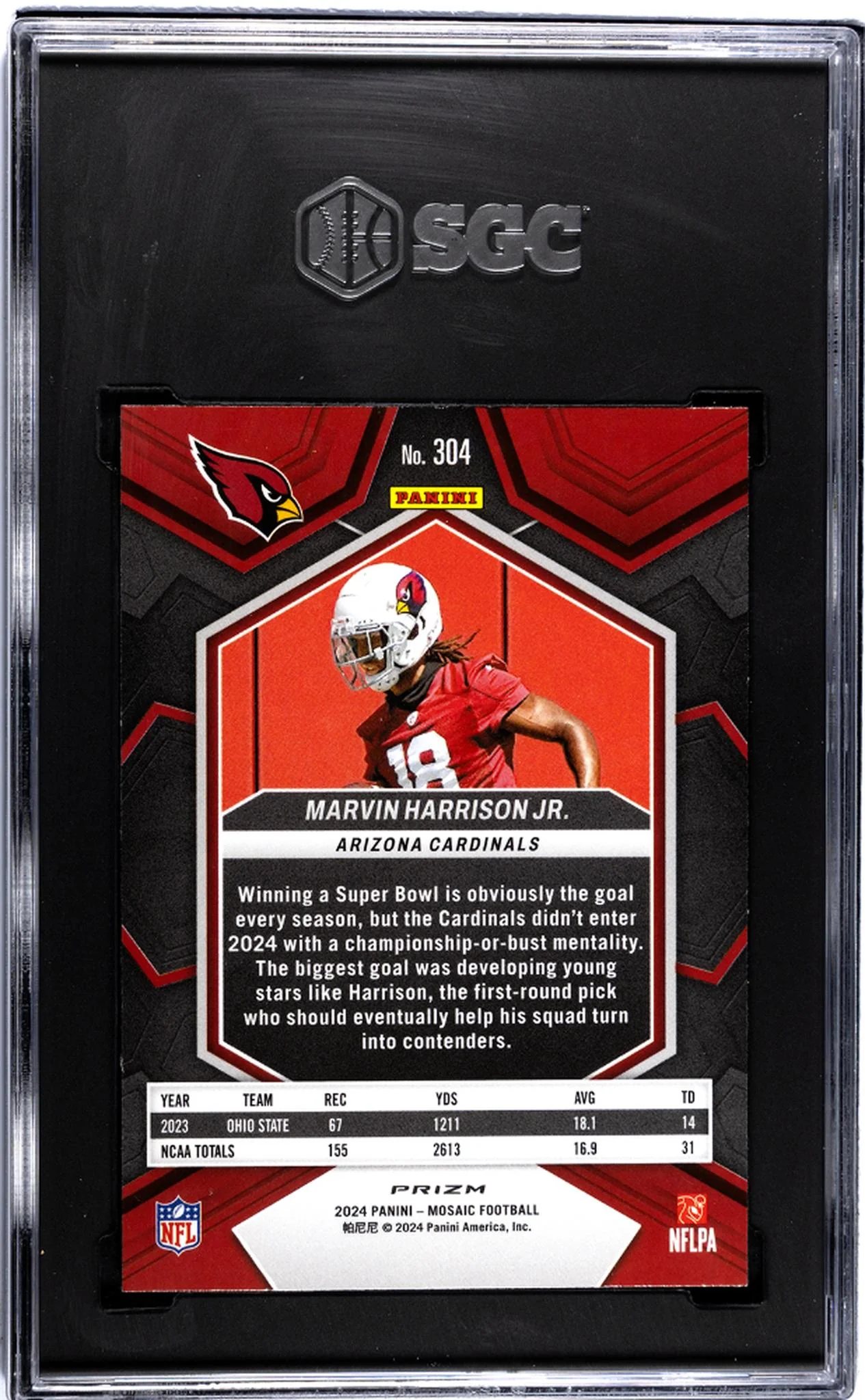 2024 Panini Mosaic #304 Marvin Harrison Jr. Green Prizm SGC 10 - Image 2