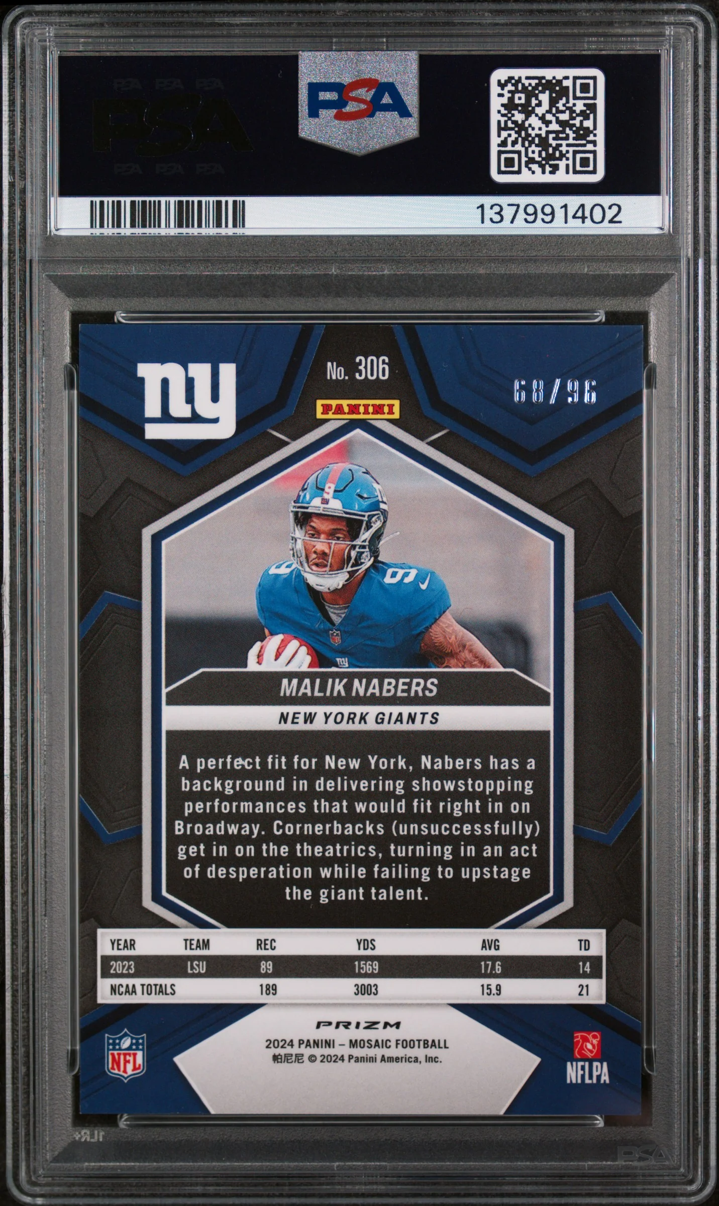 2024 Panini Mosaic Blue Sparkle Malik Nabers #306 /96 PSA 10 - Image 2