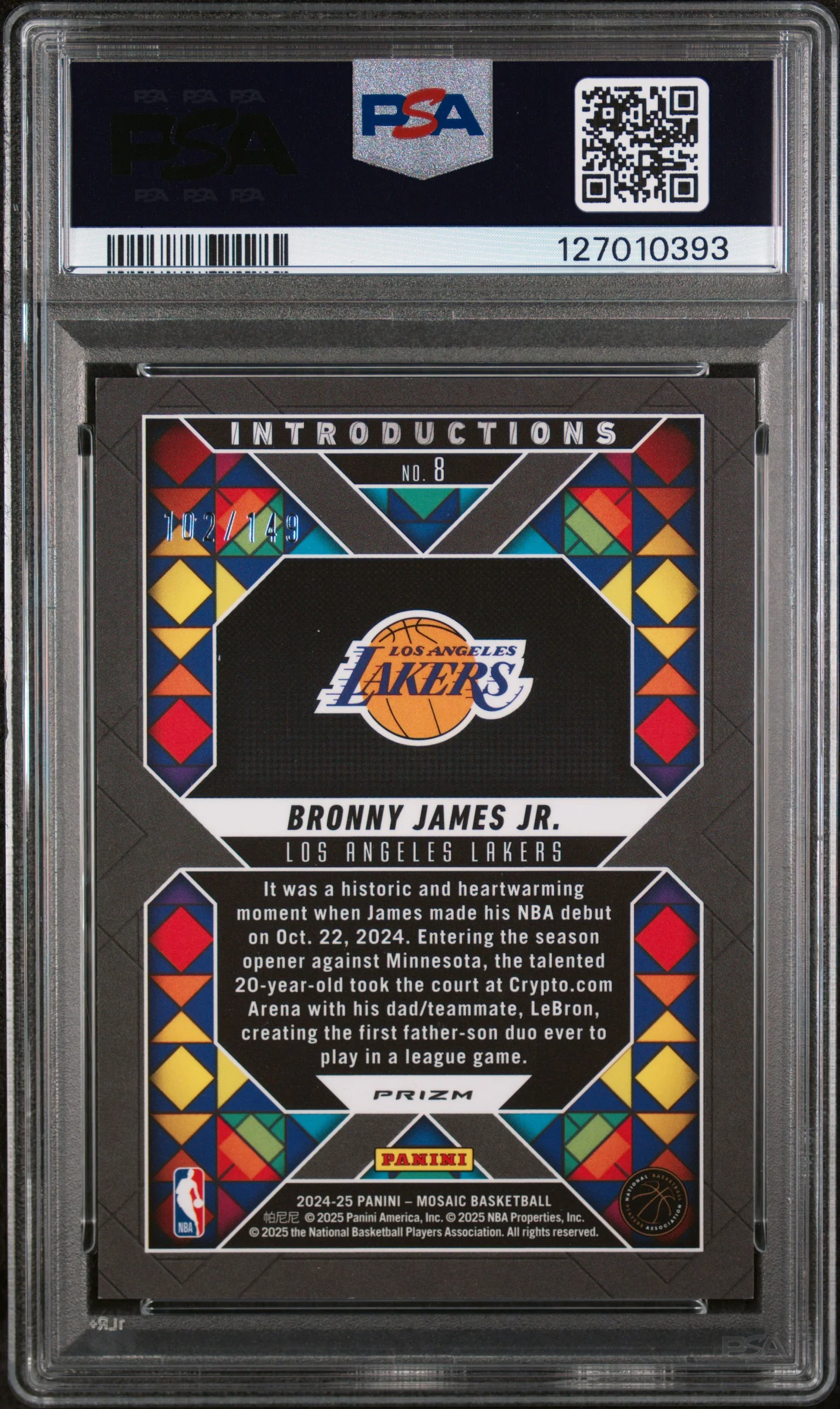 2024 Panini Mosaic Introductions Pink Bronny James Jr. #8 /149 PSA 9 - Image 2