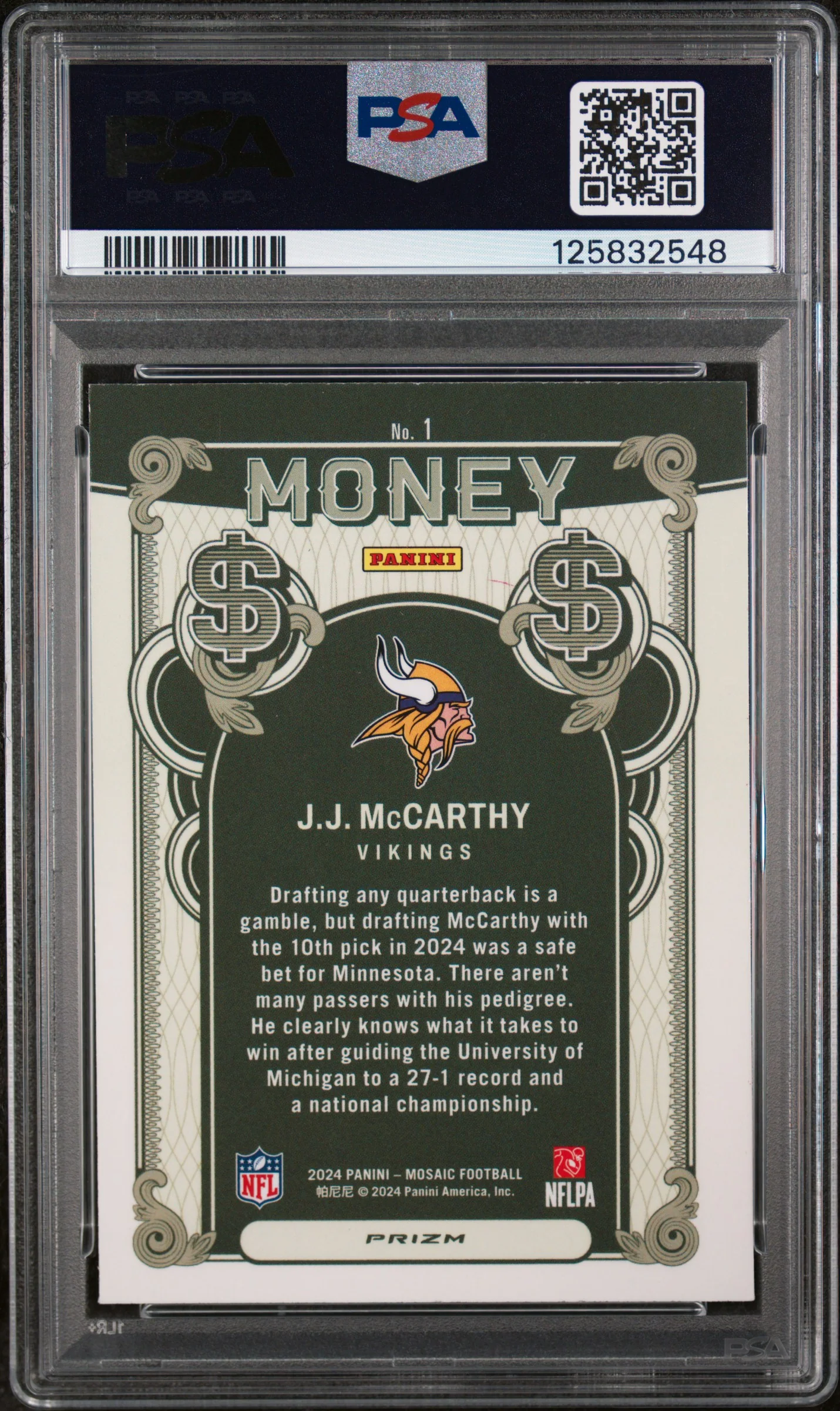 2024 Panini Mosaic JJ Mccarthy #1 PSA 9 - Image 2