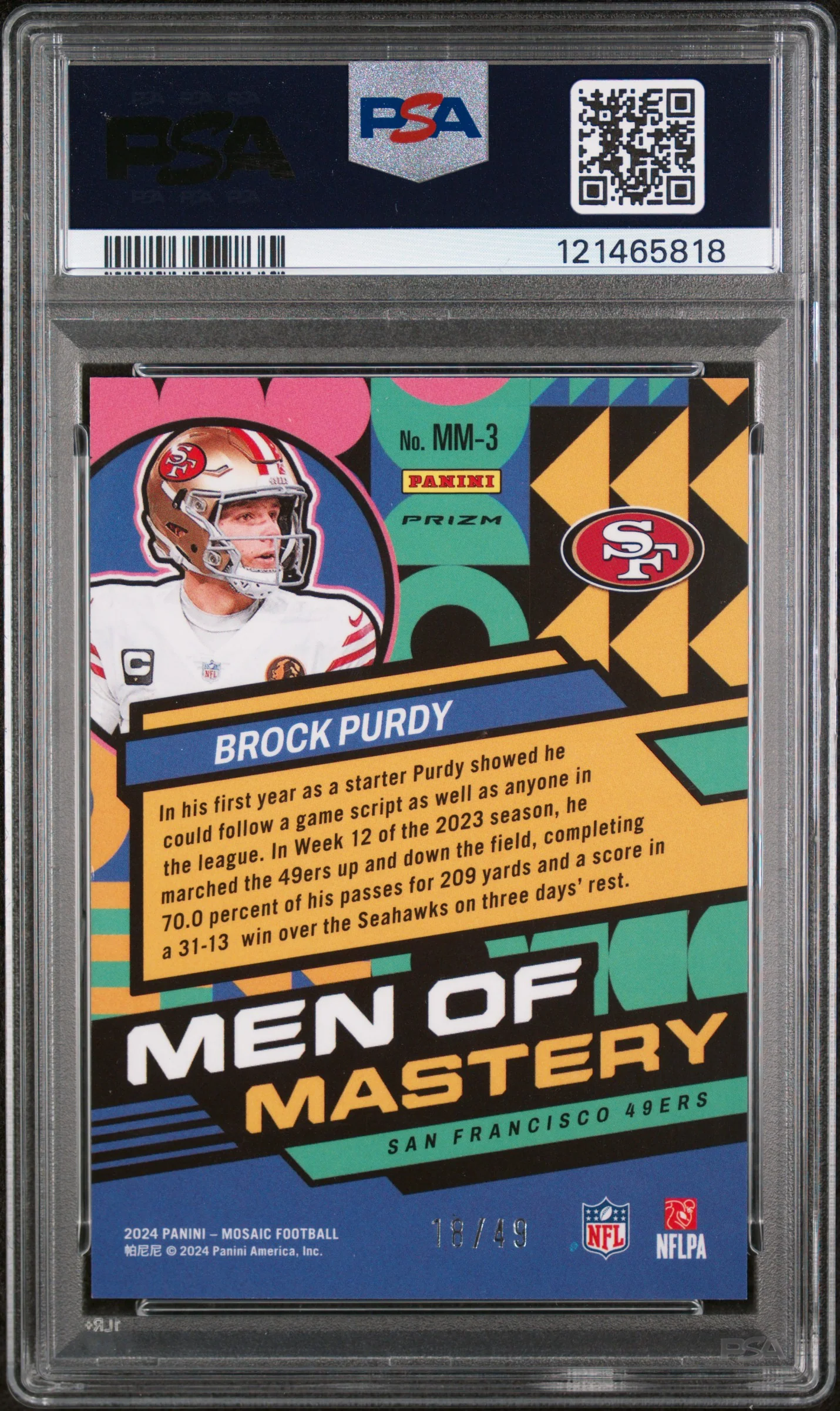 2024 Panini Mosaic Men of Mastery Purple Brock Purdy #MM3 /49 PSA 8 - Image 2