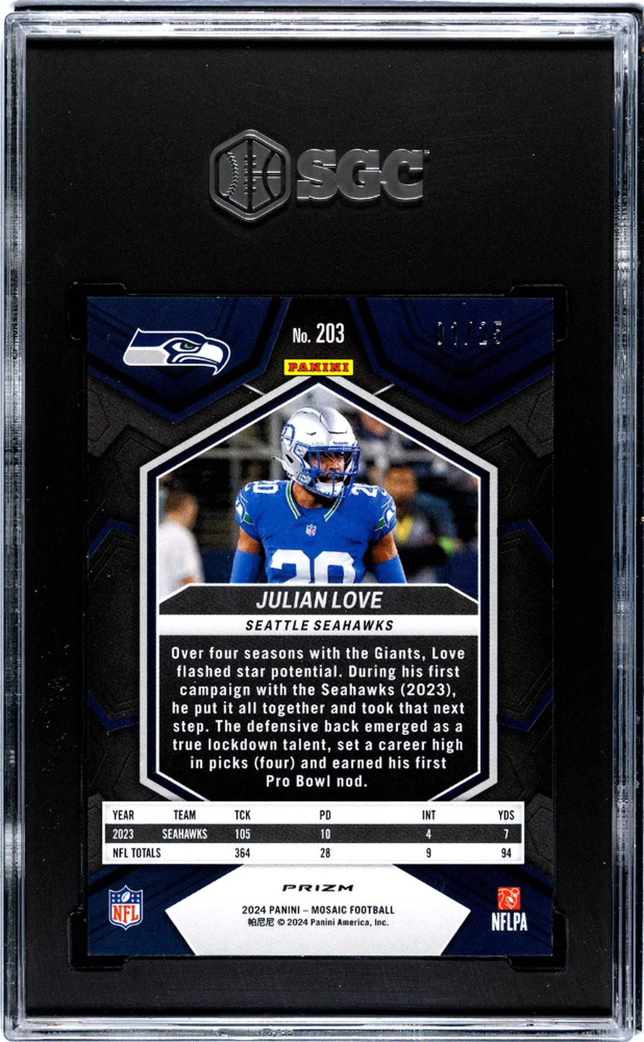 2024 Panini Mosaic Orange Fluorescent Prizm Julian Love #203 1/25 SGC 10 - Image 2