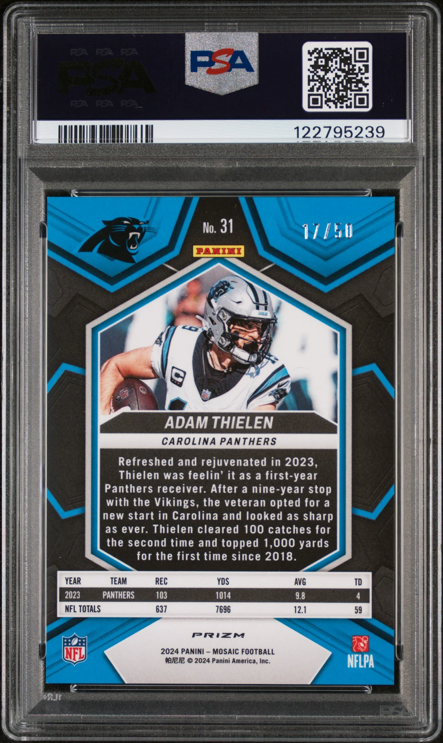 2024 Panini Mosaic Purple No Huddle Adam Thielen #31 /50 PSA 8 - Image 2