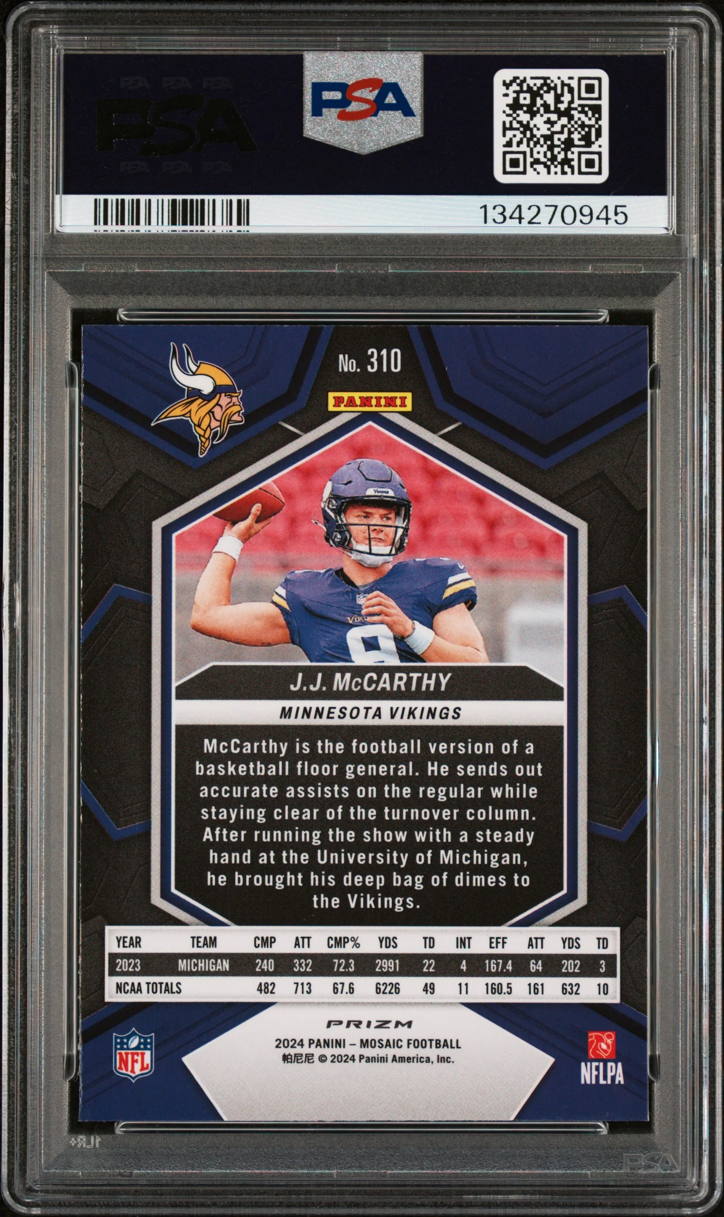 2024 Panini Mosaic Reactive Yellow JJ Mccarthy #310 PSA 8 - Image 2