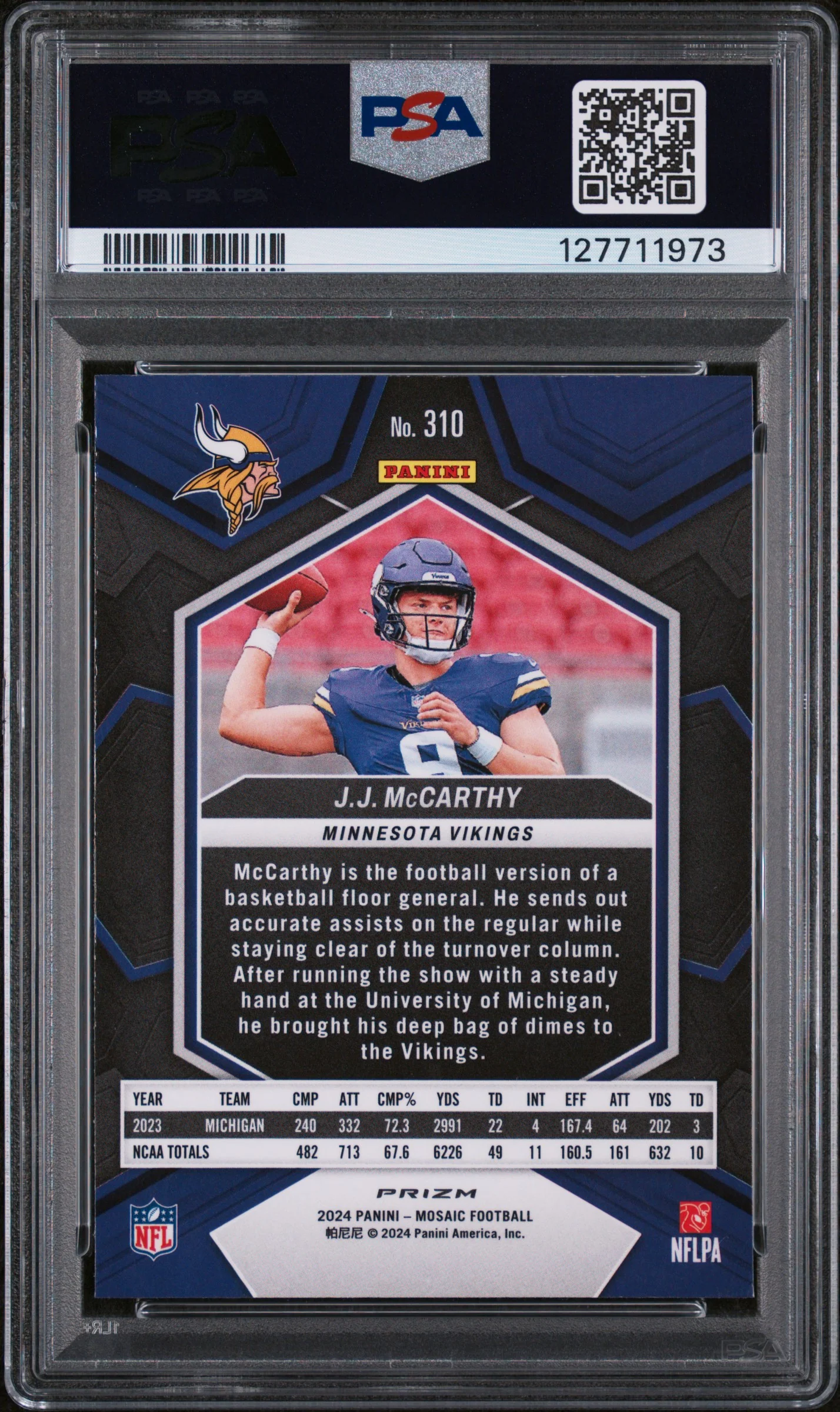 2024 Panini Mosaic Rookie Mosaic JJ Mccarthy #310 PSA 9 - Image 2
