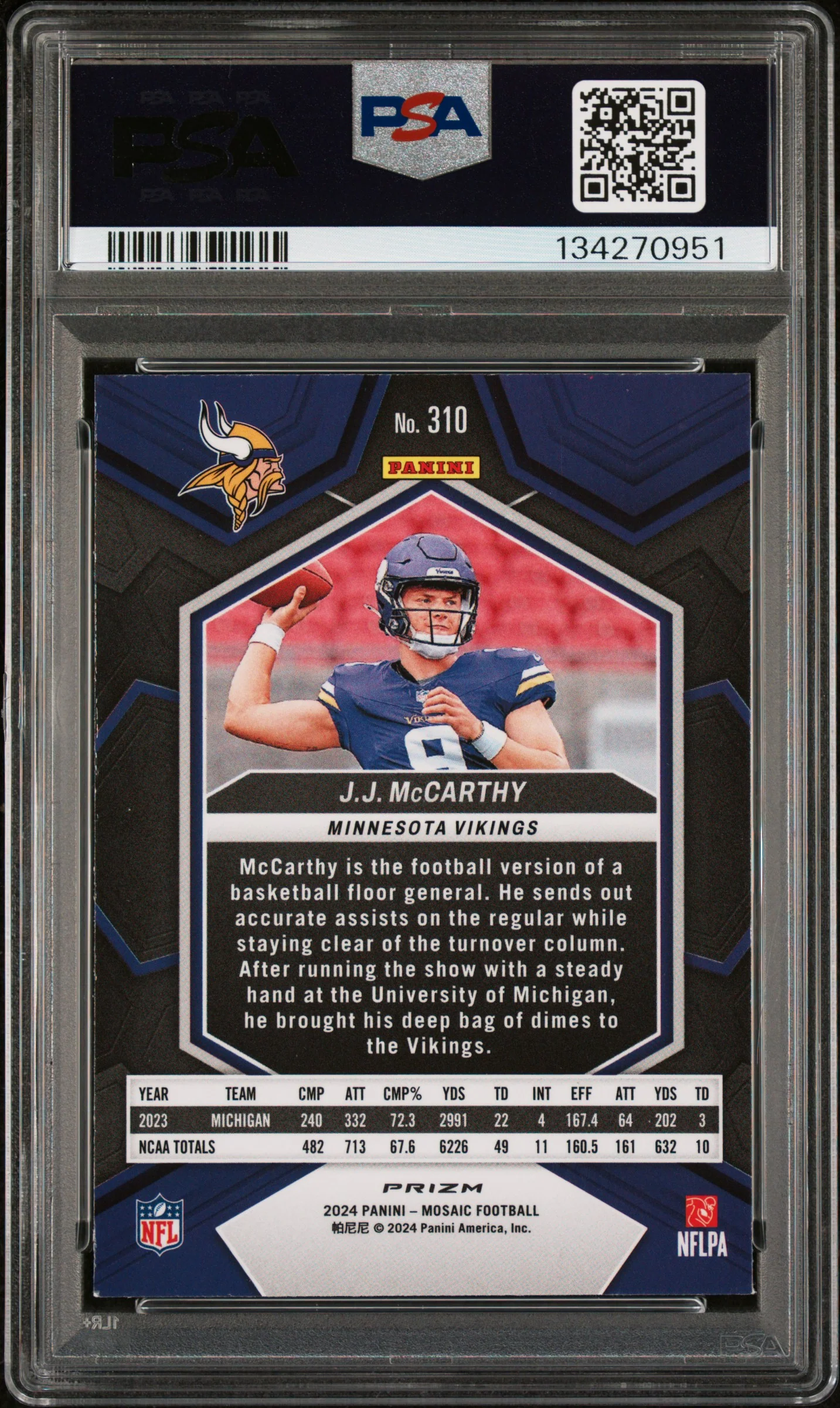 2024 Panini Mosaic Silver No Huddle JJ Mccarthy #310 PSA 9 - Image 2