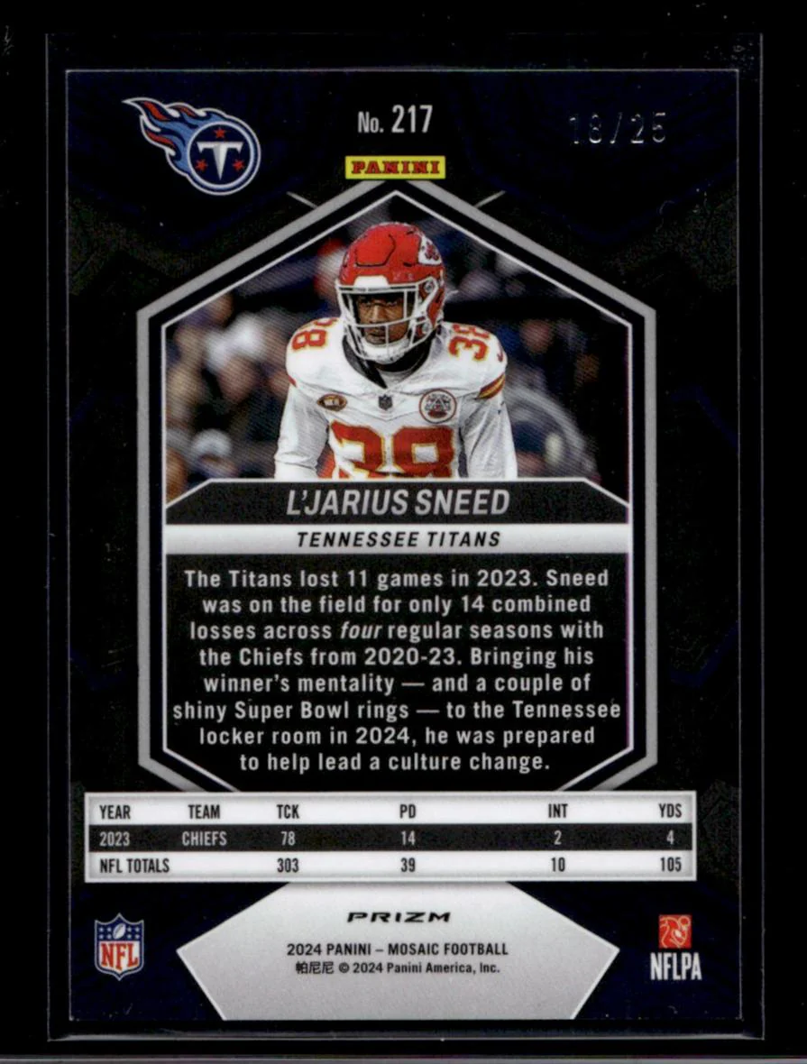 2024 Panini Mosaic Tessellation L'Jarius Sneed #217 /25 - Image 2