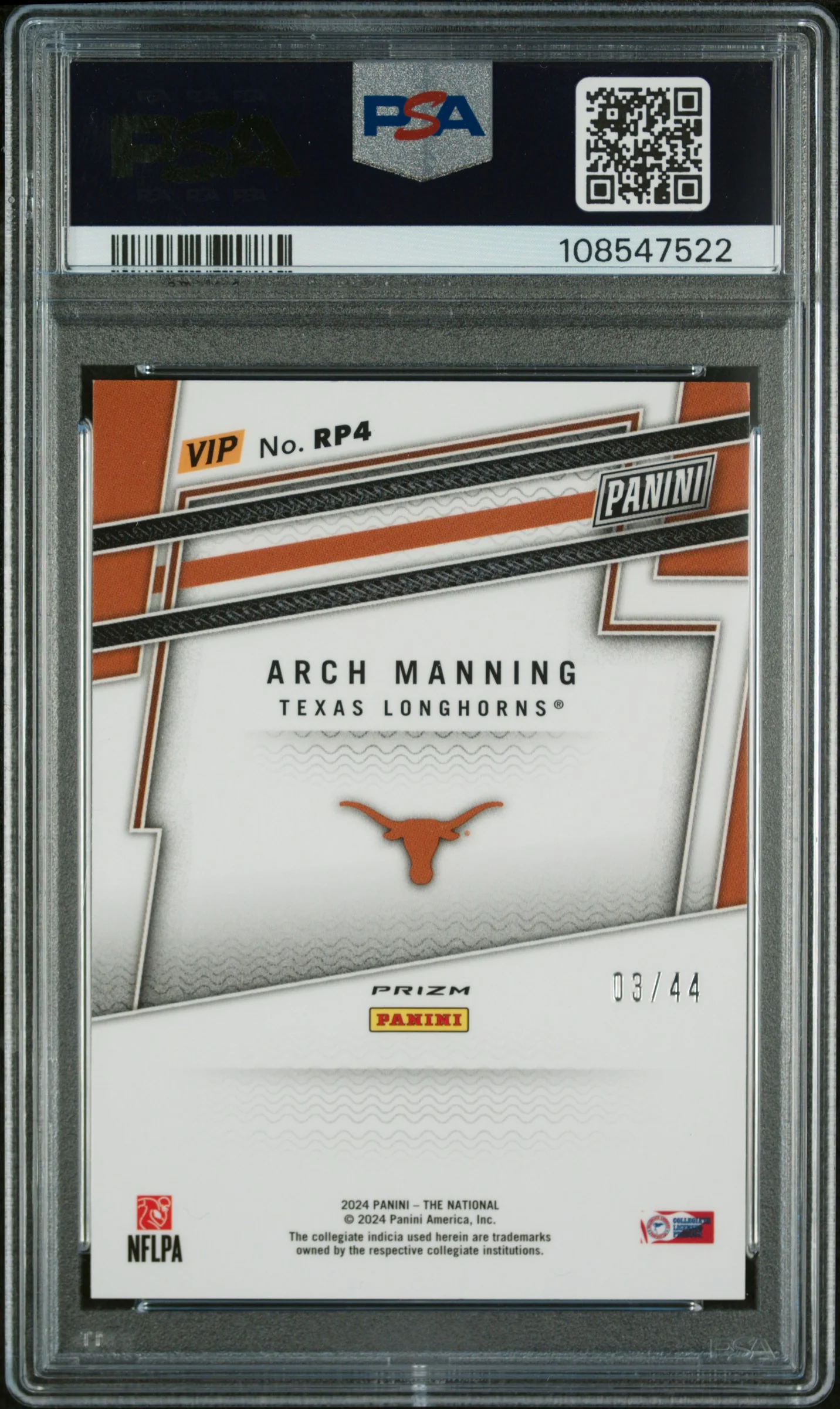2024 Panini National Sports Collectors Convention VIP Gold Prospects #RP4 Arch Manning National PSA 10 - Image 2