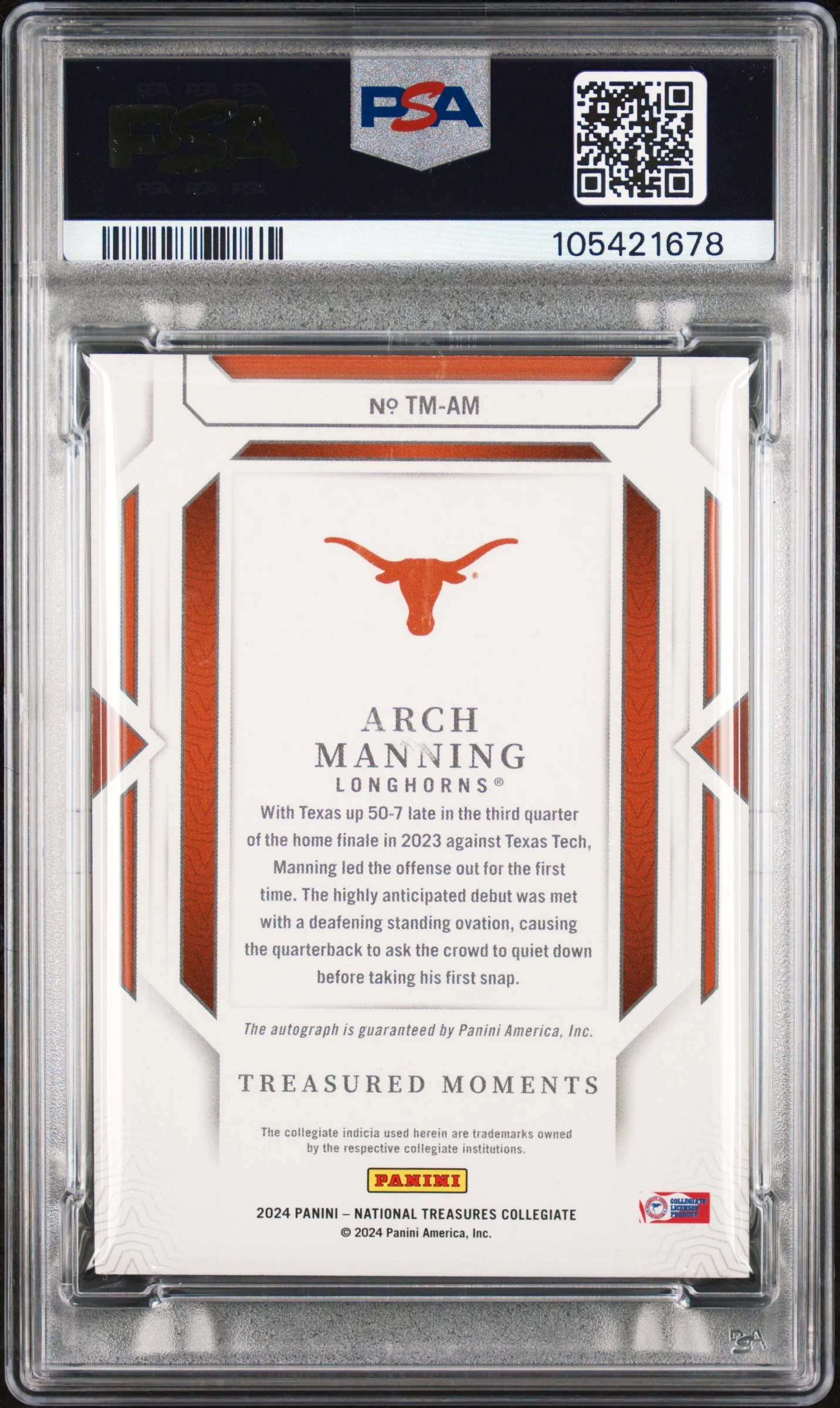 2024 Panini National Treasures Collegiate Treasured Moments Signatures Arch Manning #TMAM /25 PSA 8 - Image 2