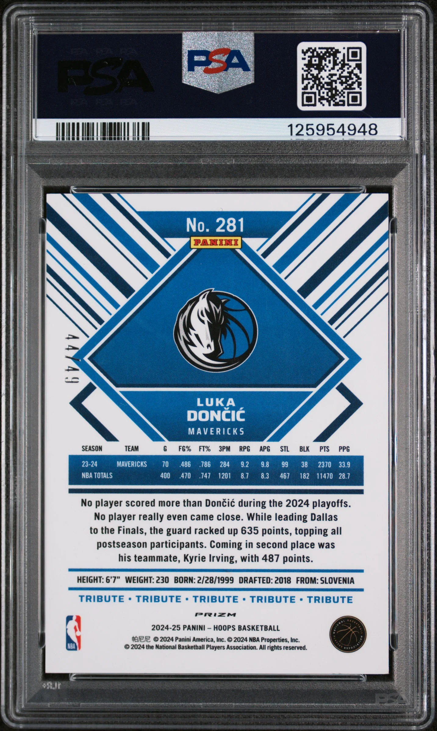 2024 Panini NBA Hoops Premium Prizms Lazer Blue Luka Doncic #281 PSA 9 - Image 2