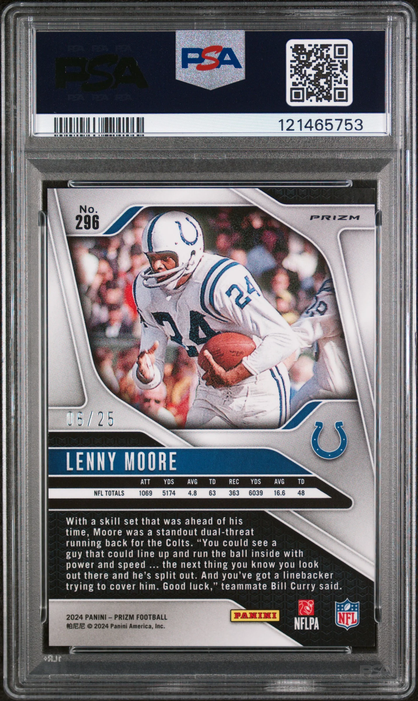 2024 Panini Prizm Blue Shimmer Lenny Moore #296 /25 PSA 9 - Image 2
