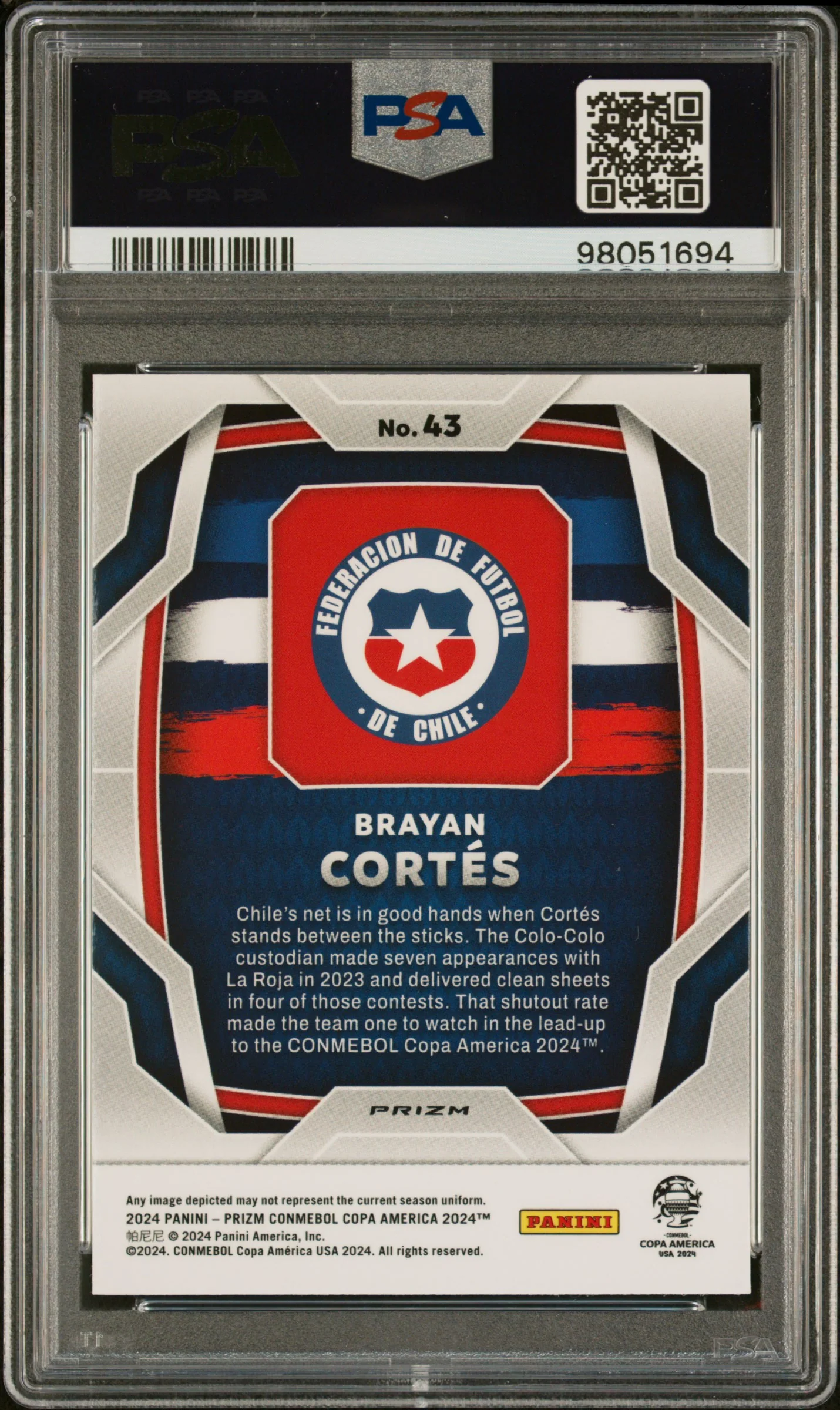 2024 Panini Prizm Conmebol Copa America White Sparkle Brayan Cortes #43 PSA 10 - Image 2