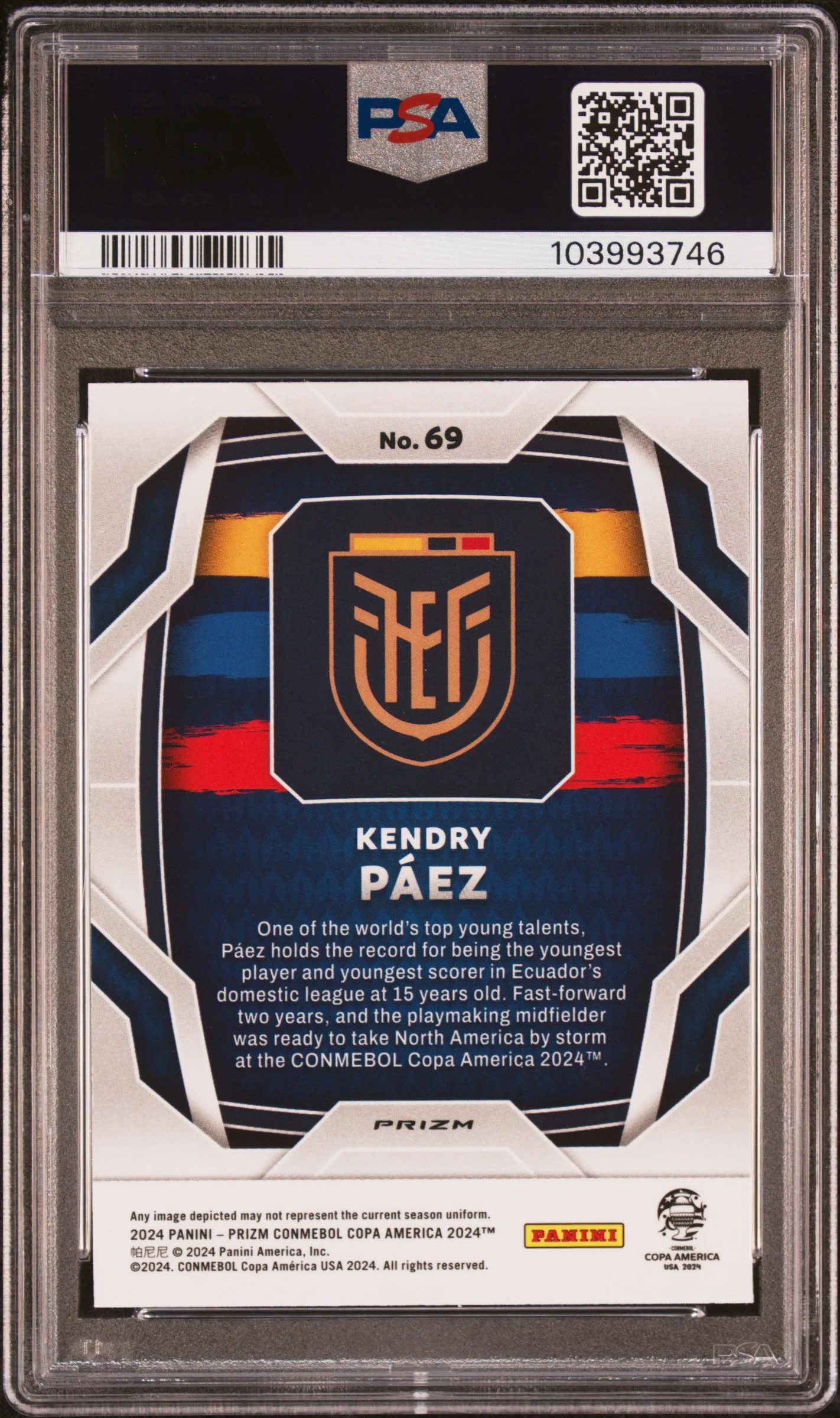 2024 Panini Prizm Conmebol Copa America White Sparkle Kendry Paez #69 PSA 10 - Image 2