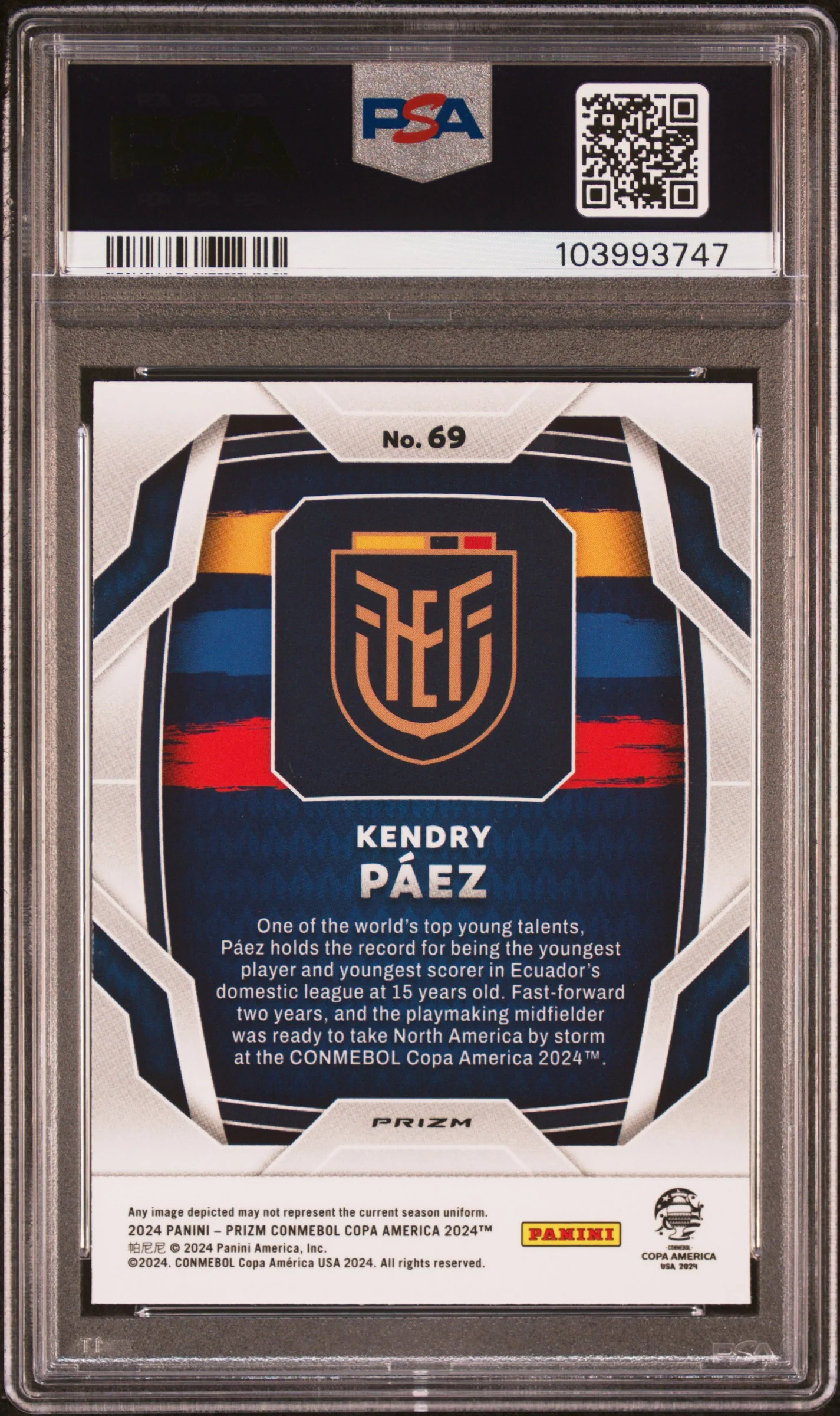2024 Panini Prizm Conmebol Copa America Zebra Prizm Kendry Paez #69 PSA 9 - Image 2