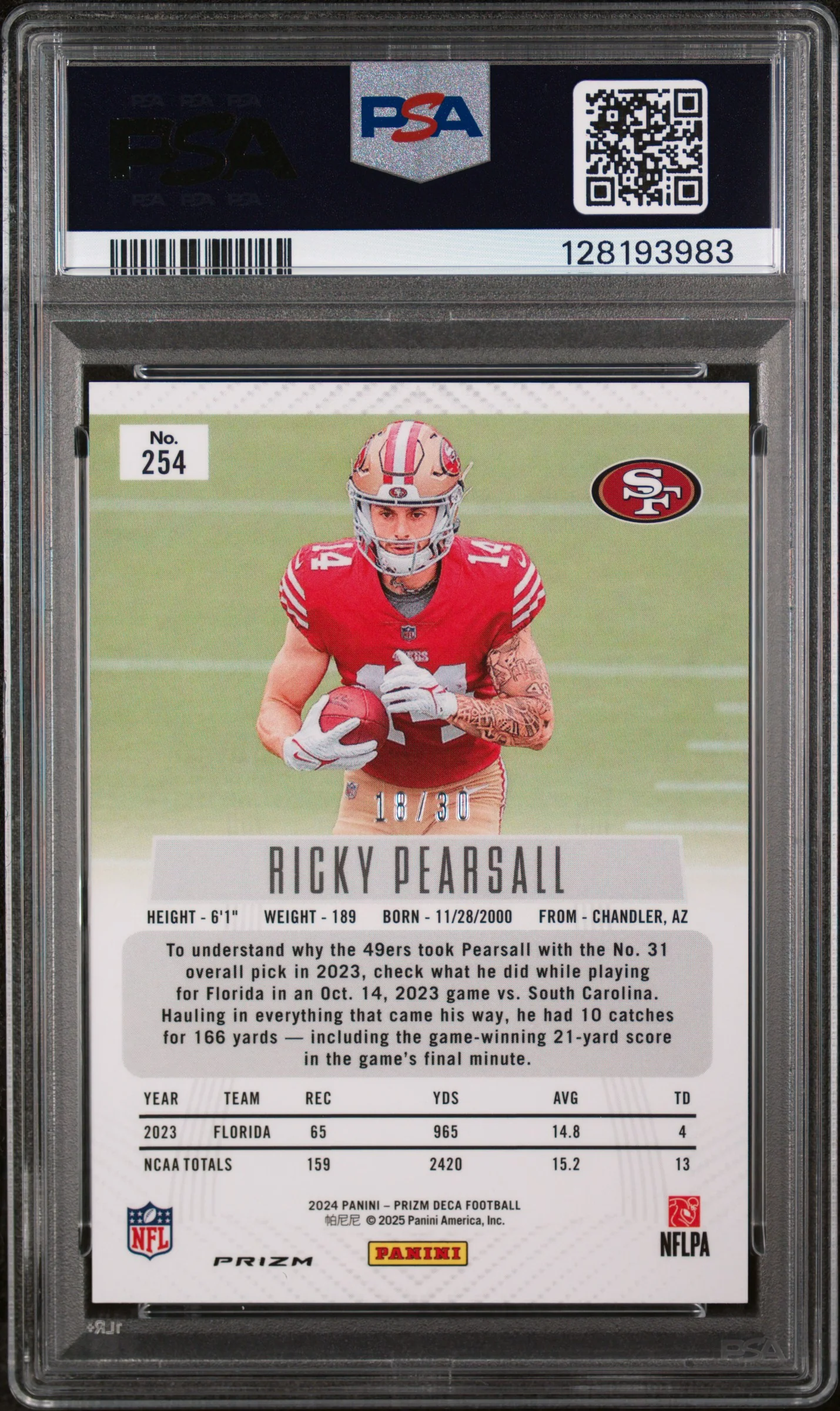 2024 Panini Prizm Deca Mojo Prizm Ricky Pearsall #254 /30 PSA 9 - Image 2